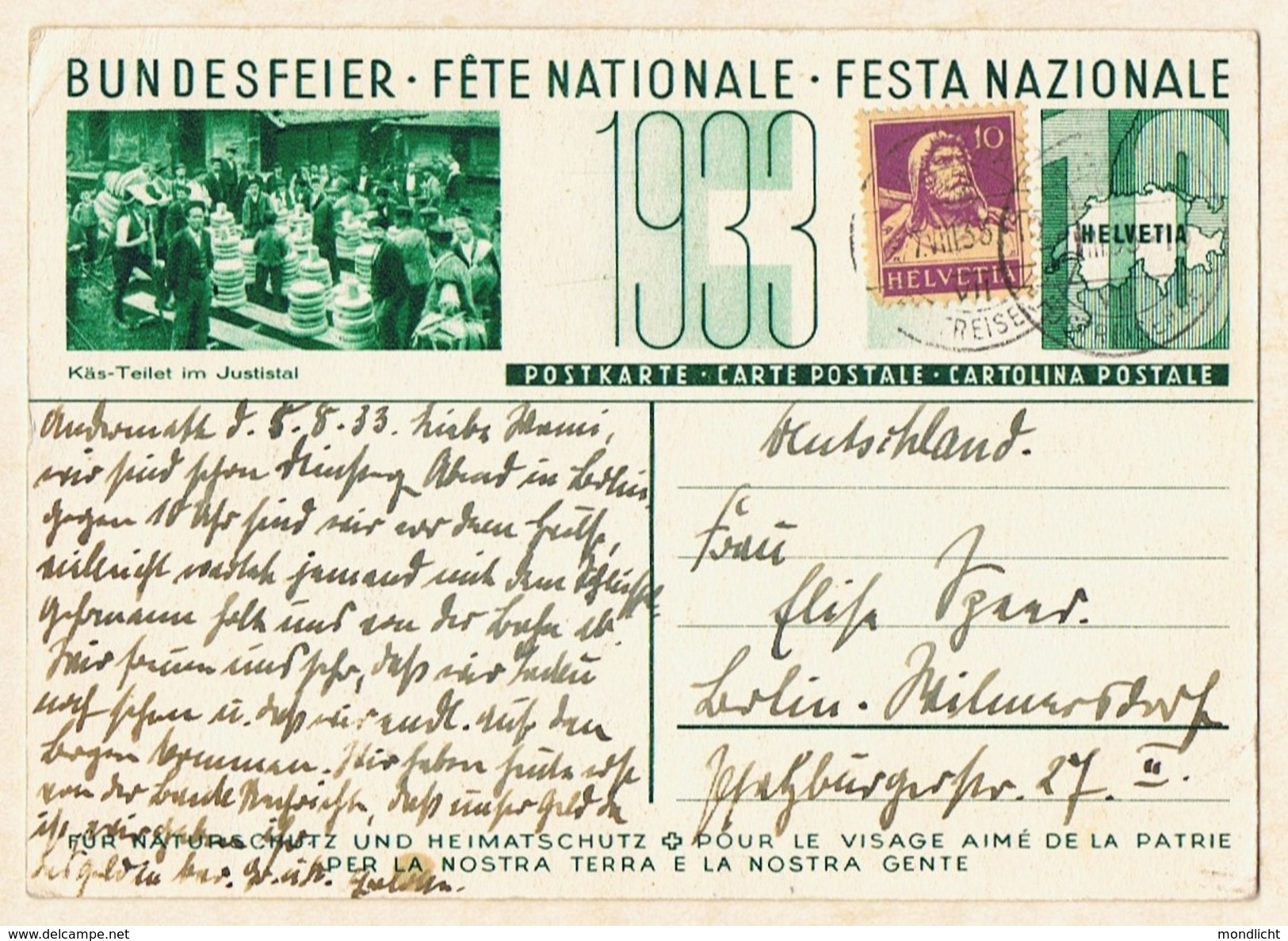 Schweiz, Ganzsache. Postkarte Bundesfeier, Fête Nationale, Festa Nazionale 1933. (Käs-Teilet Im Justistal) - Ganzsachen