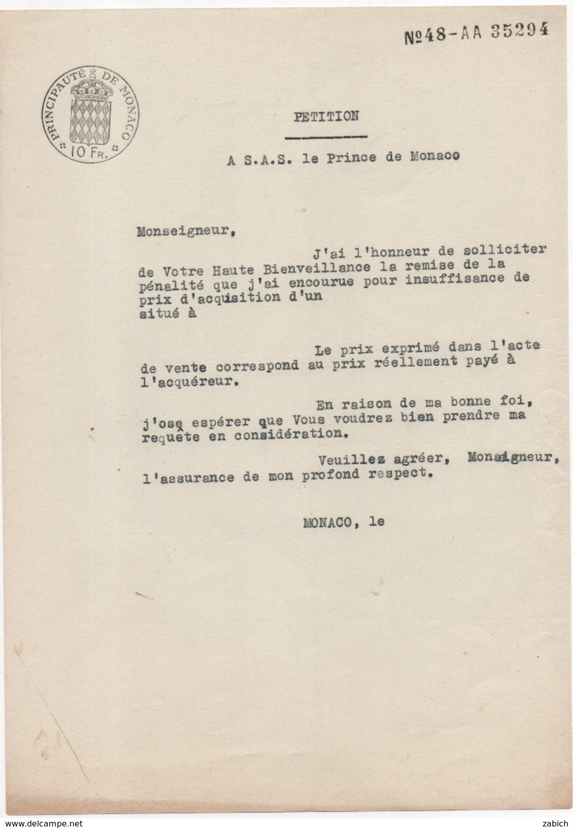 FISCAUX DE MONACO PAPIER TIMBRE à 10 Fr "blason" Sur Document Vierge Papier Numeroté N°48 AA 35294A - Fiscaux