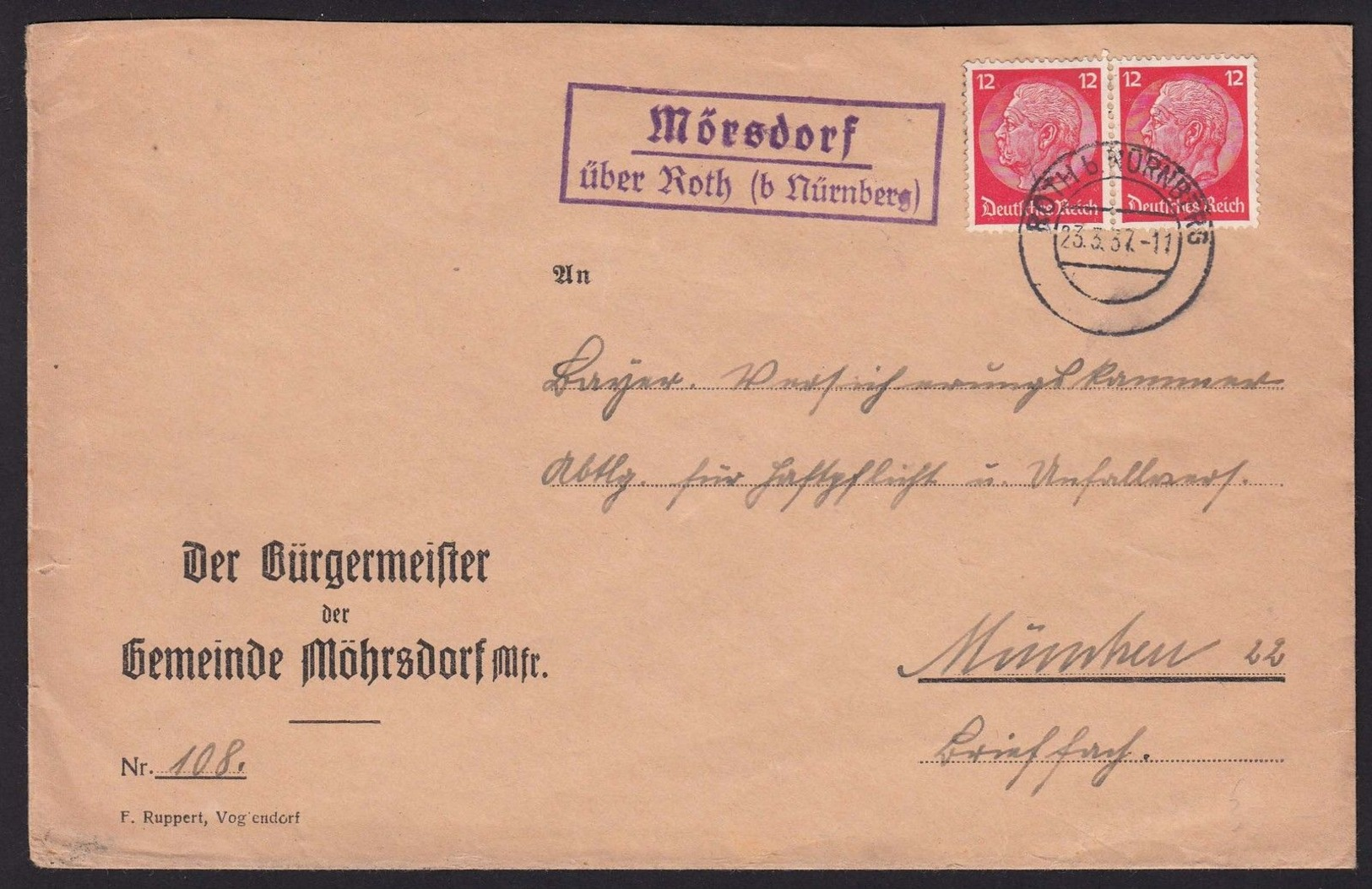 Landpost  "Mörsdorf über Roth (b Nürnberg)"  1937 Fernbrief - Briefe U. Dokumente