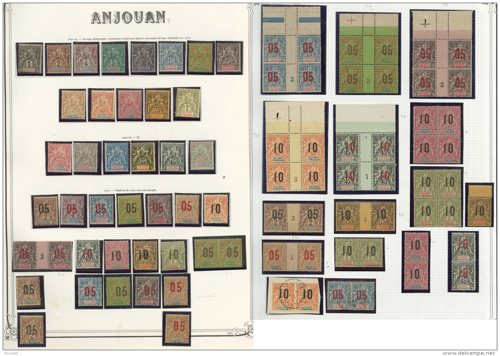 ANJOUAN. Collection. 1892-1912 (Poste, Mill.), Compl&egrave;te + Nombreux Doubles Obl. - TB - Andere & Zonder Classificatie