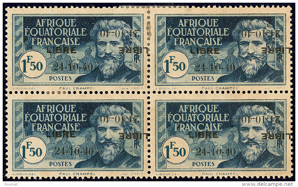 France-Libre. Double Surcharge Dont Une Renvers&eacute;e. No 140D, Bloc De Quatre (cases 4-5/9-10), Dont Case 4 Avec "2" - Other & Unclassified