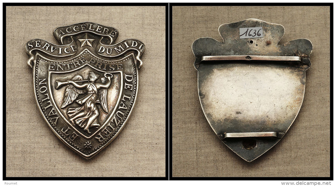 Plaque De Facteur. "Service Acc&eacute;l&eacute;r&eacute; Du Midi/Entreprise De Lauzier Et Vallon", En Argent Avec Poin& - Postzegeldozen