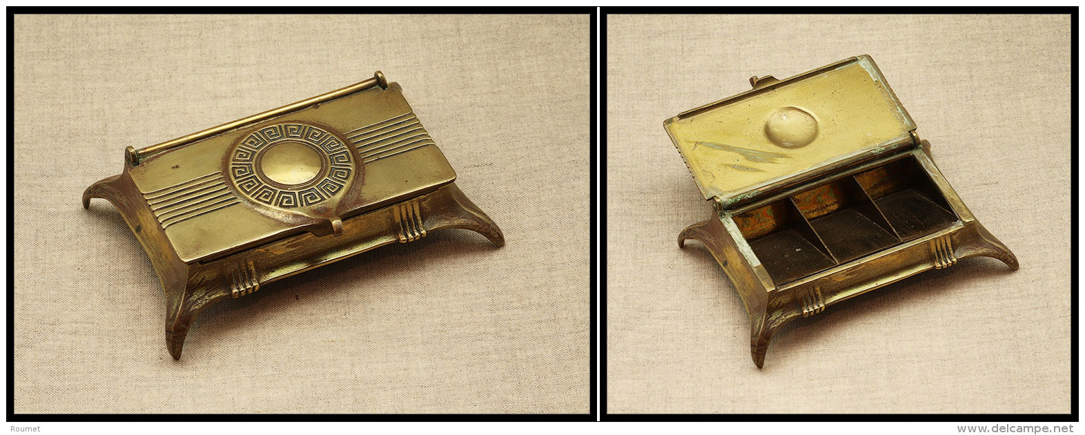 Bo&icirc;te "Art Nouveau" En Bronze Dor&eacute; Avec Motifs Sur Couvercle, 3 Comp., 100x68x30mm. - TB - Postzegeldozen