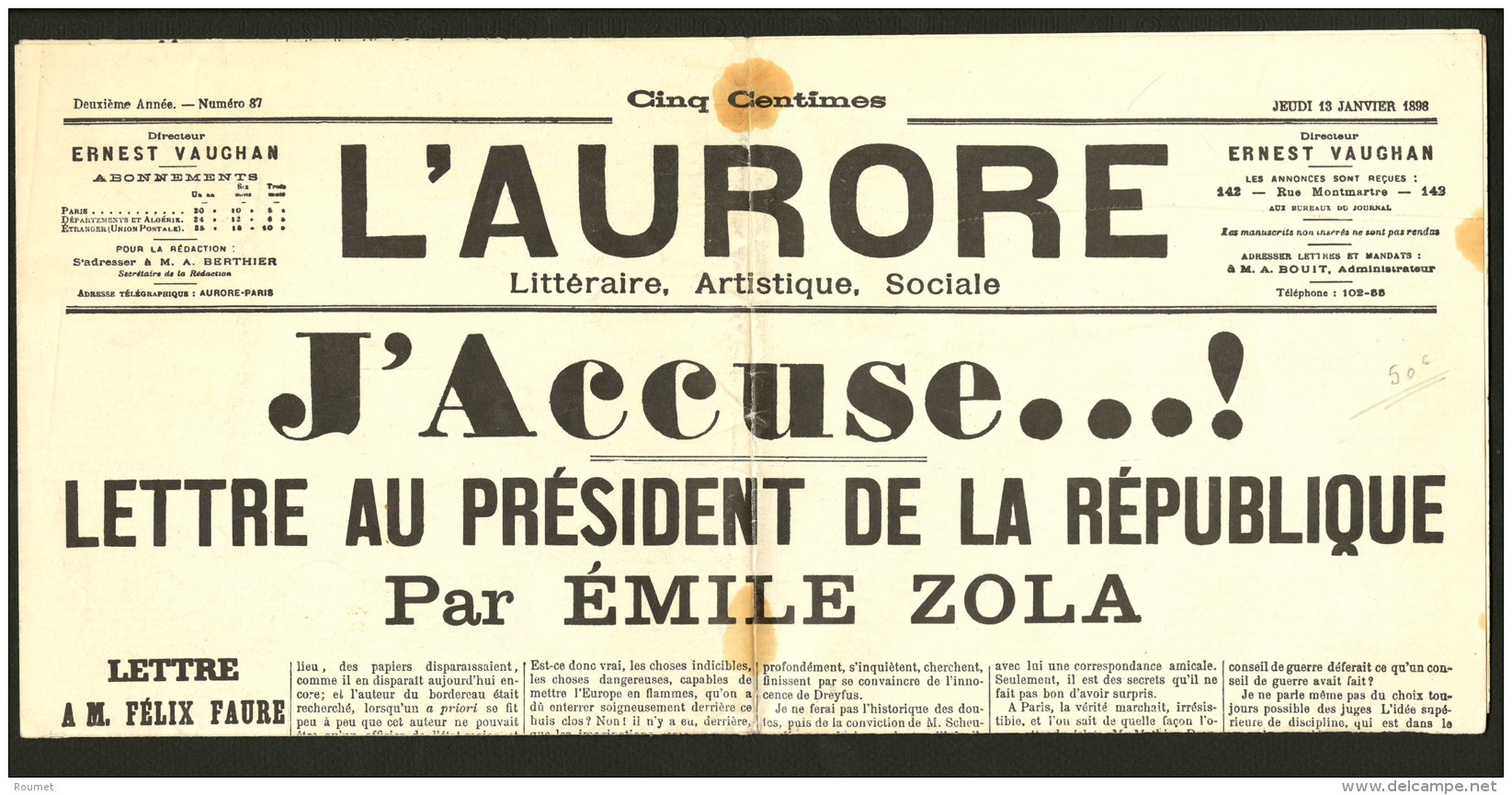 Fac-simil&eacute; Du Journal L'Aurore "J'Accuse" Du Jeudi 13 Janvier 1898, Par Emile Zola. - TB - Zonder Classificatie