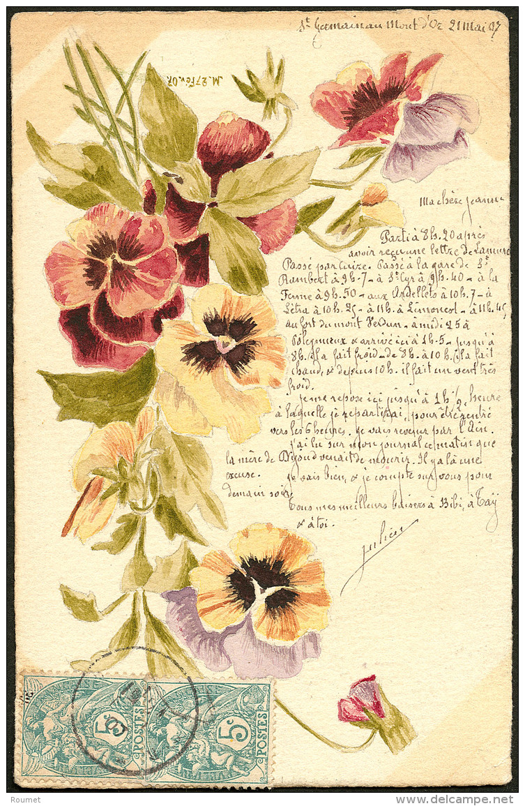 Illustration &agrave; La Main. "Bouquet De Pens&eacute;es", Aquarelle Et Plume, Dat&eacute;e De 1907, Afft N&deg;111 Pai - Zonder Classificatie