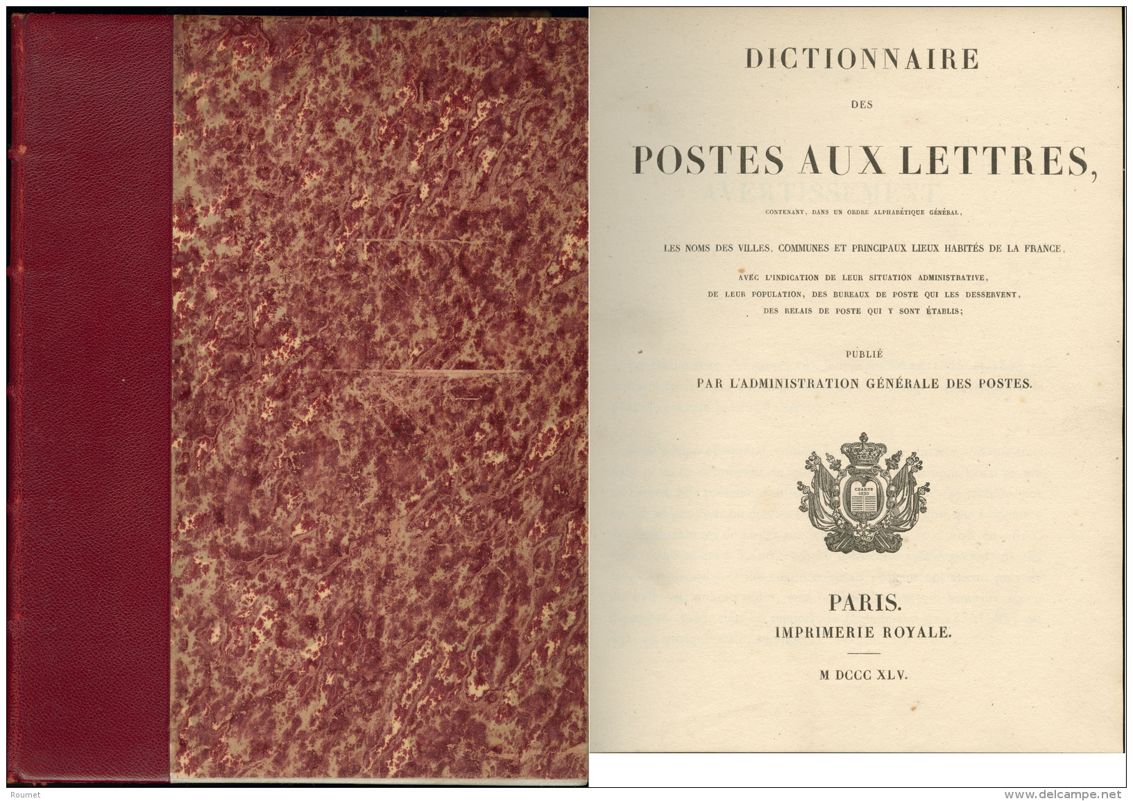 Dictionnaire G&eacute;n&eacute;ral Des Postes Aux Lettres, Impr. Royale 1845, Reli&eacute; Cuir, Superbe - Zonder Classificatie