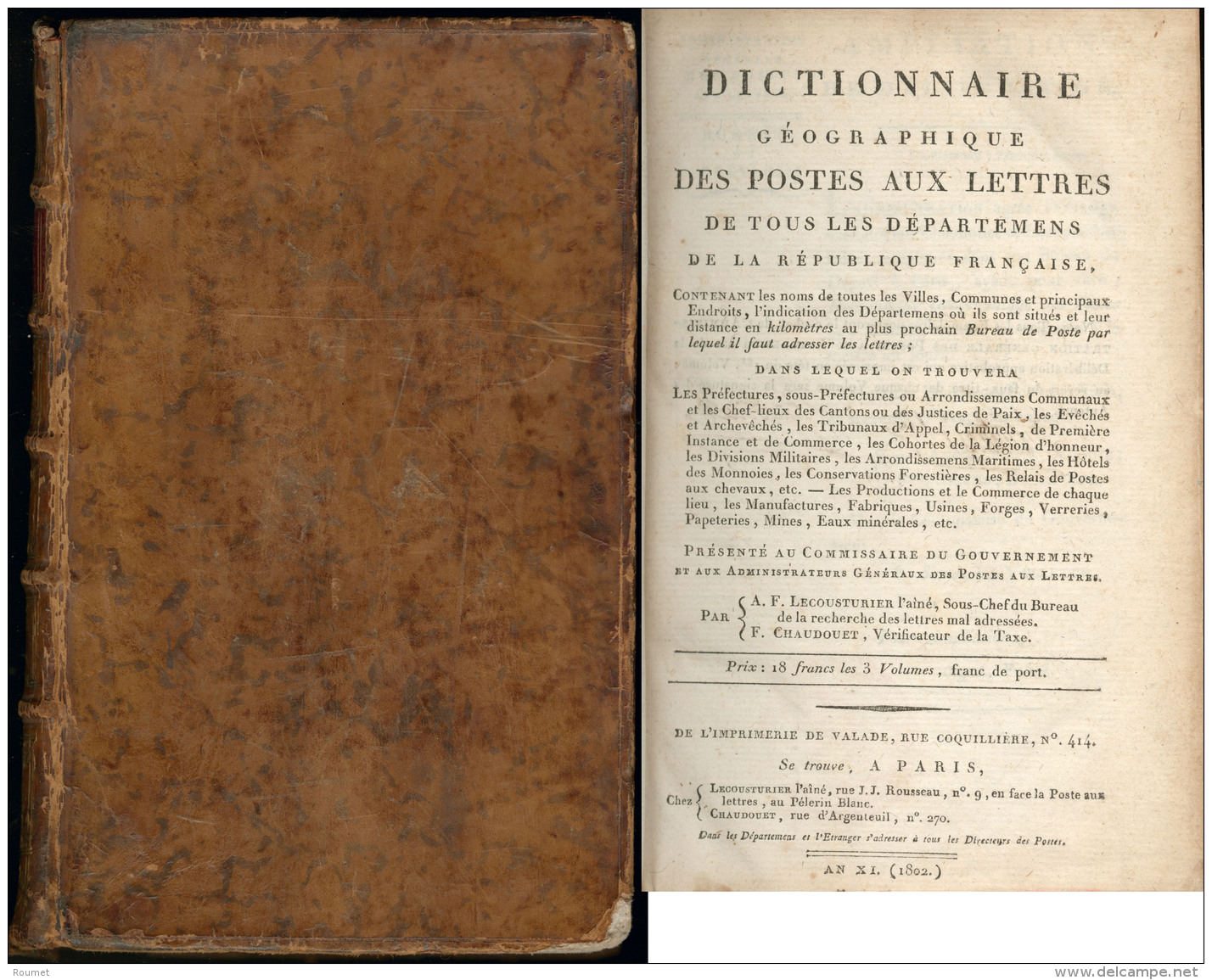 Dictionnaire G&eacute;ographique Des Postes Aux Lettres, Par Lecouturier Et Chaudouet, &eacute;d. 1802, Reli&eacute; Cui - Zonder Classificatie