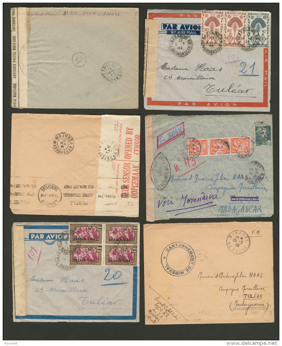 Lot. 1940-1944, 6 Plis France-Madagascar, &eacute;tiquettes Et Cachets De Censure, Affts Et Obl Divers. - TB - Oorlog 1939-45