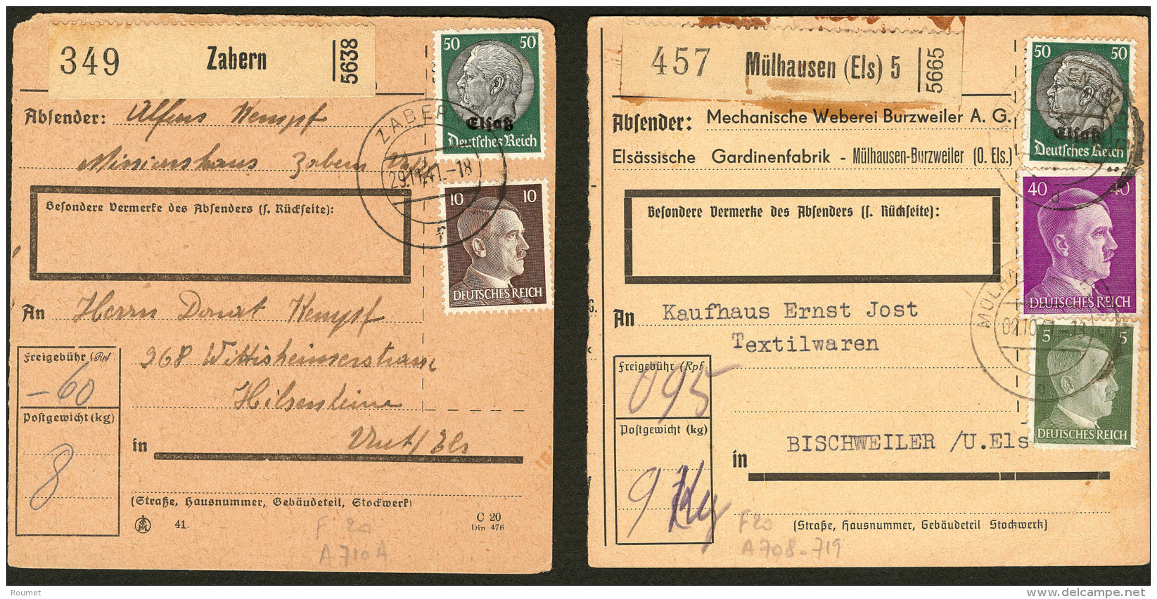 Elsass N&deg;13 (2) + Allemagne Divers Sur 2 Bulletins De Colis Postaux De Mulhouse Et Zabern 1941. - TB - Andere & Zonder Classificatie