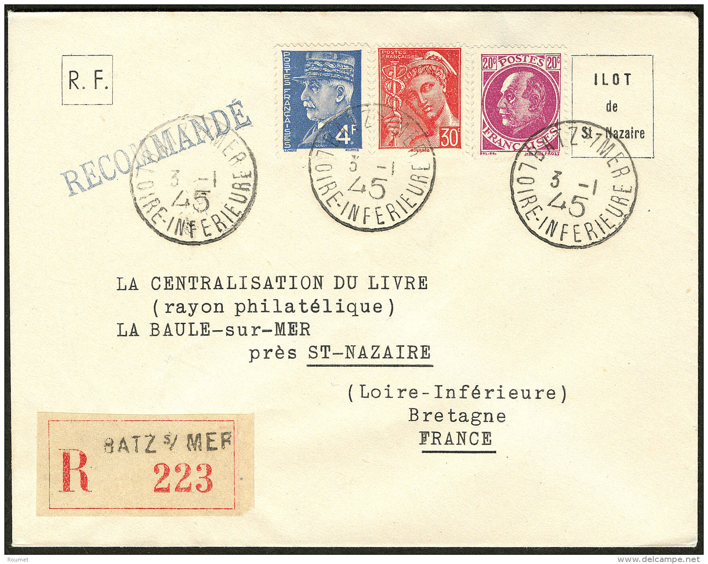 Saint Nazaire. Cad Avec Gros Mill&eacute;sime "45" De Batz 3.1.45, Sur Enveloppe Recomm. Afft Poste Divers. - TB (cote M - Oorlogszegels