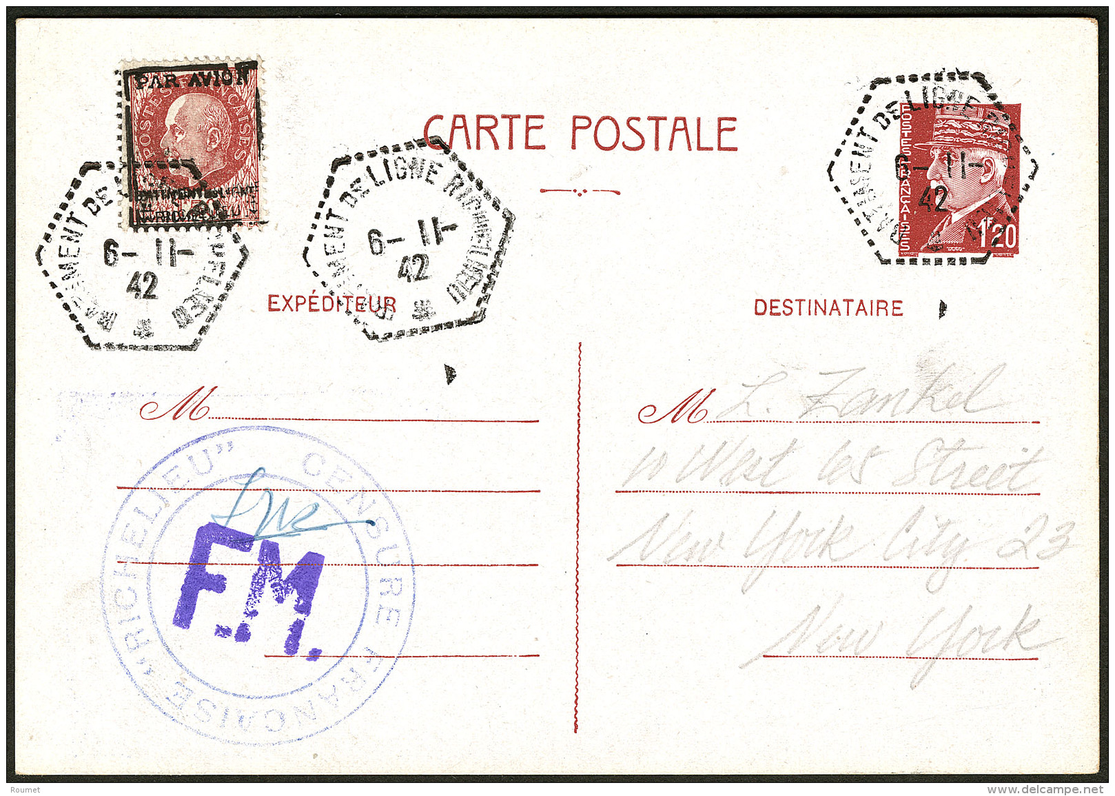 POSTE AERIENNE MILITAIRE. Richelieu. Surcharge Doubl&eacute;e. No 4b Sur CP Entier 1.50f P&eacute;tain, Obl Cad 6.11.42, - Militaire Luchtpost