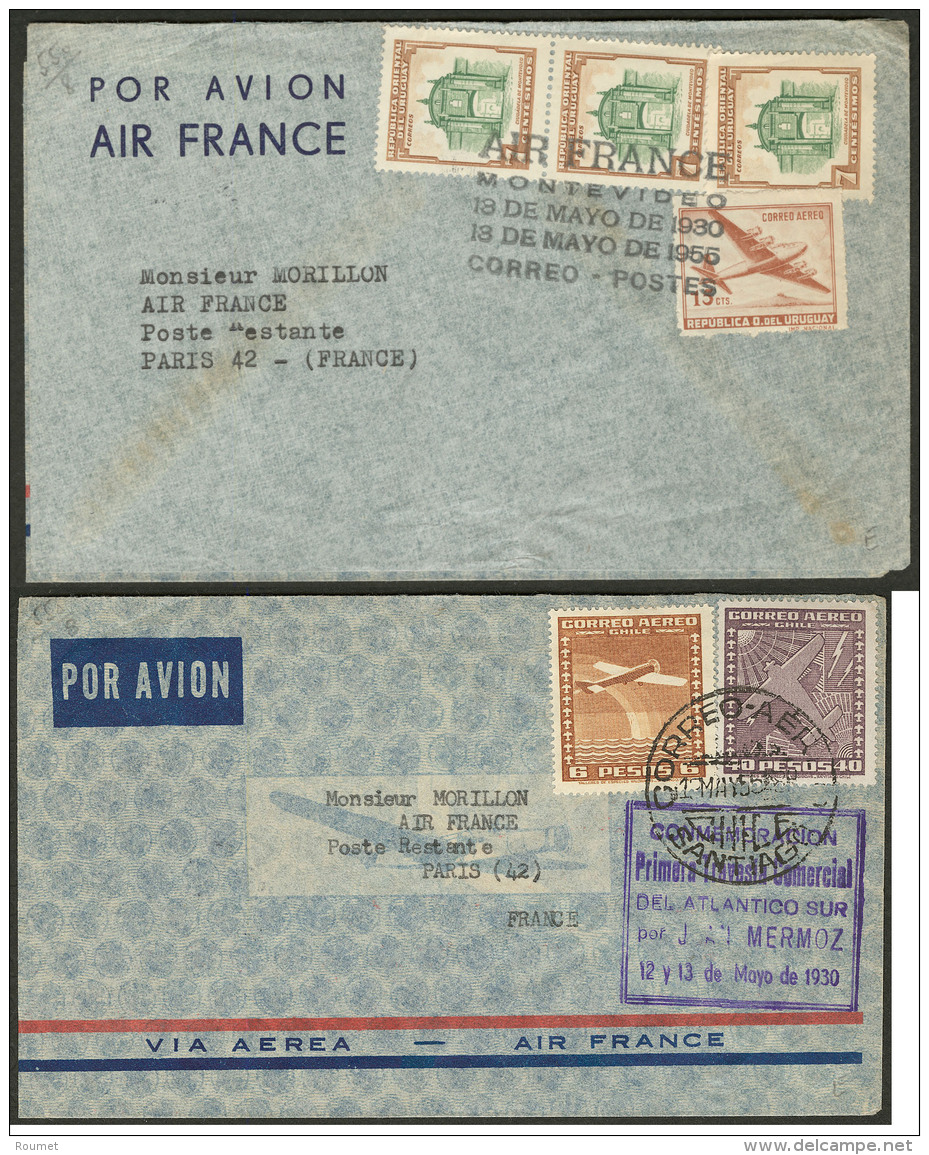 Ligne MERMOZ. 13 Mai 1955. 25&egrave;me Anniversaire De La Ligne. 2 Enveloppes Avec Griffes Diff&eacute;rentes Et CS Dif - 1927-1959 Postfris