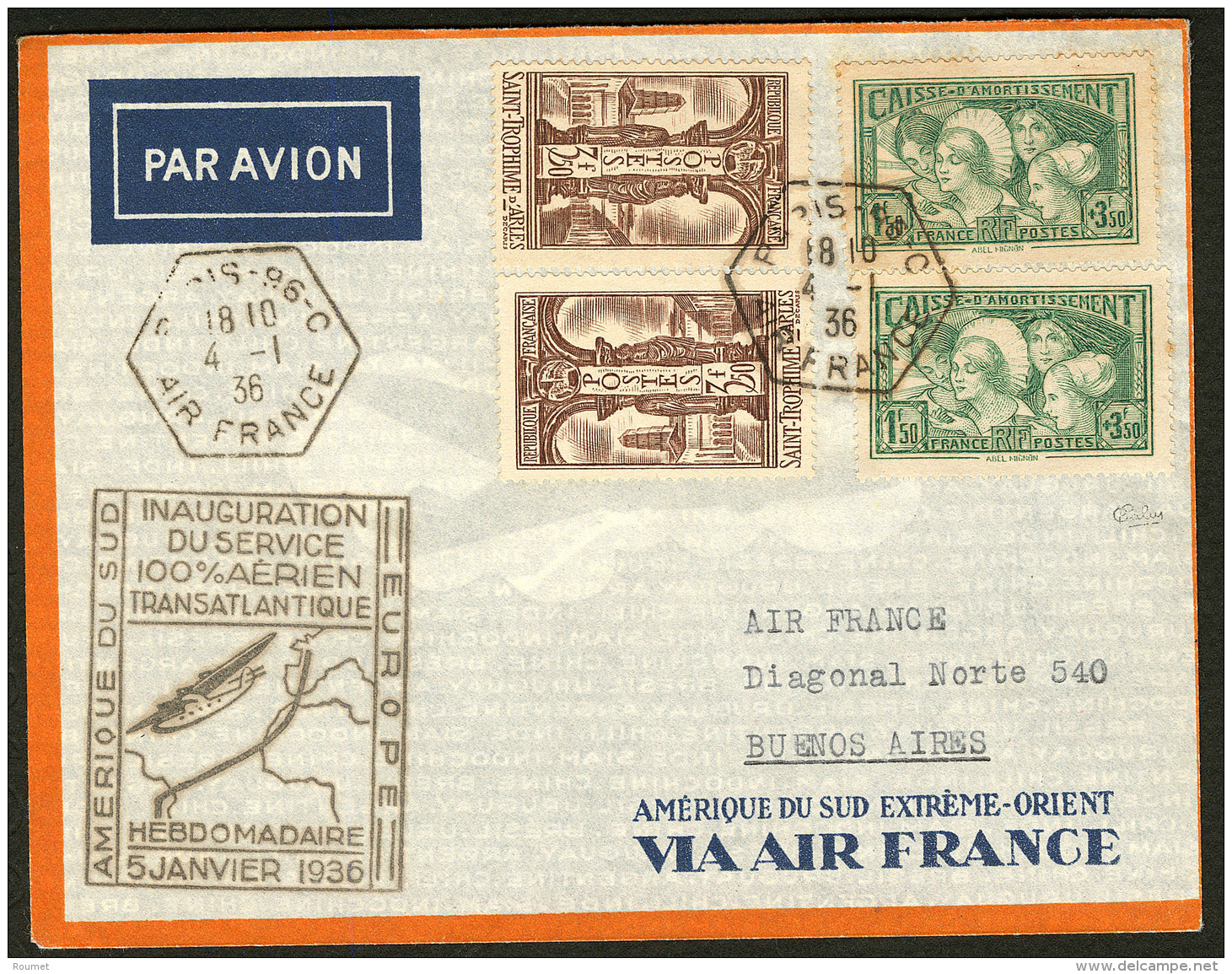 Ligne MERMOZ. 4 Janv 1936. Inauguration Du Service 100% A&eacute;rien Transatlantique Hebdomadaire. Enveloppe Air France - 1927-1959 Postfris