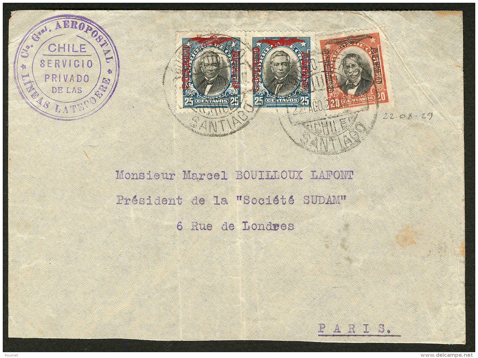 Ligne MERMOZ. 22 Ao&ucirc;t 1929, Grand Cachet Violet "Chile/Servicio/privado/de Las/Lineas Latecoere", Sur Enveloppe Af - 1927-1959 Postfris