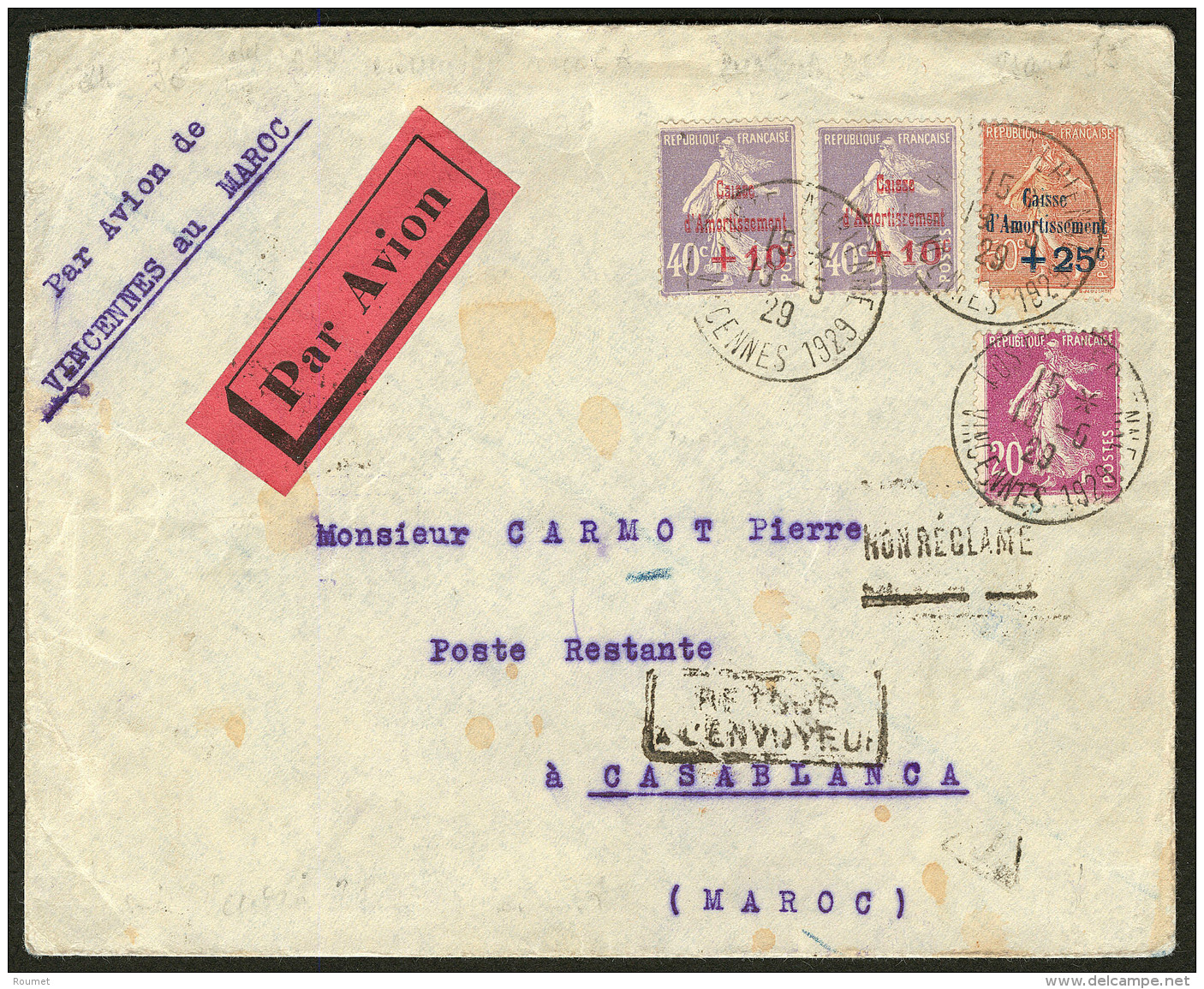 Ligne MERMOZ. 19 Mai 1929, Vol Postal CGA Par Negrin, Afft N&deg;249(2) + 250 + 190, De Vincennes Pour Casablanca. - TB - 1927-1959 Postfris