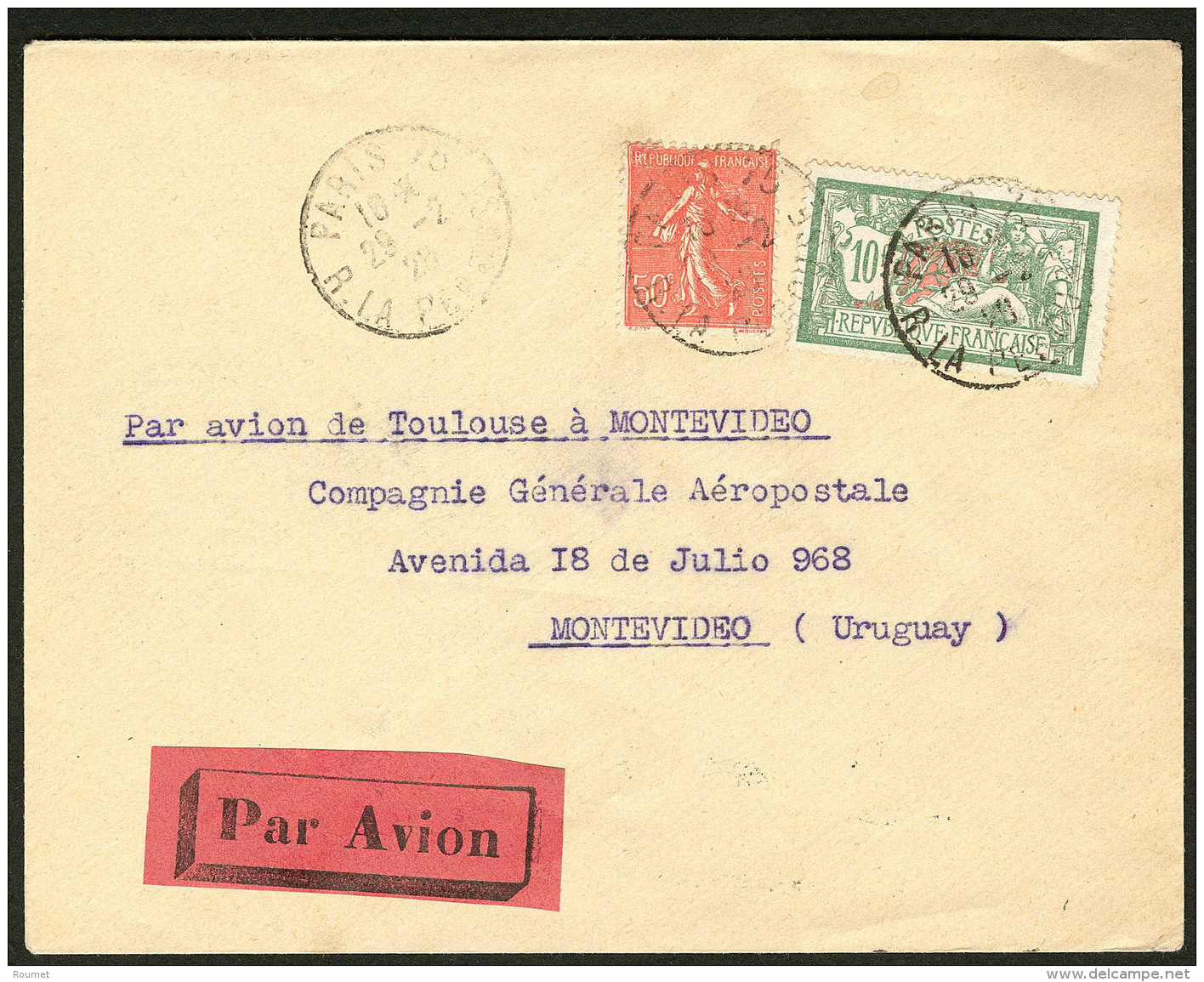 Ligne MERMOZ. 29 F&eacute;v 1928, 1er Vol CGA Paris-Montevideo, Enveloppe T&eacute;moin Afft N&deg;199 + 207, Arr. 17.3. - 1927-1959 Postfris