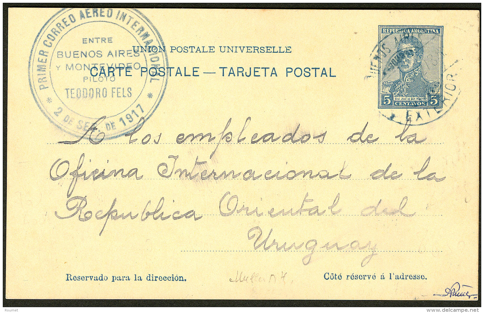 Ligne MERMOZ. 2 Sept 1917, 1er Vol Entre Buenos-Aires Et Montevideo Par T. Fels, CP Entier 5c Bleu Obl Cad Bleu. - TB. - - 1927-1959 Postfris