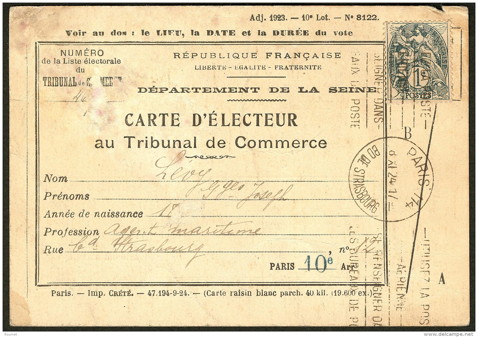 Type Blanc. No 107, Seul Sur Carte D'&eacute;lecteur, Obl Cad Paris 1924, La Carte Pd Mais TB - Andere & Zonder Classificatie