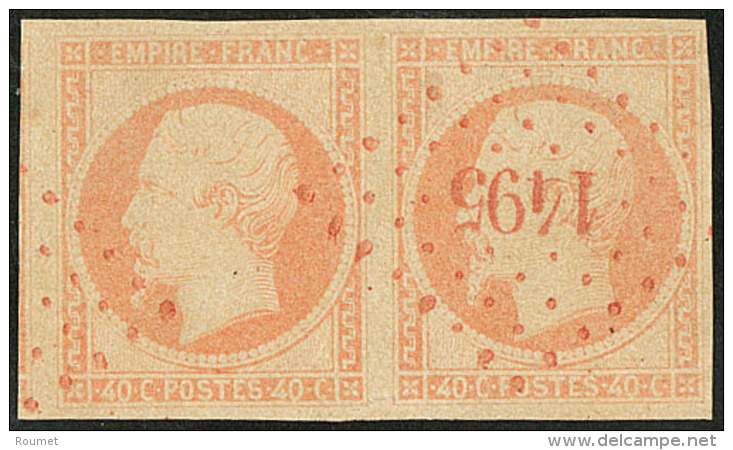 No 16d, Orange Sur Paille, Paire, Un Voisin, Obl Pc 1495 Rouge, Jolie Pi&egrave;ce. - TB - 1853-1860 Napoleon III