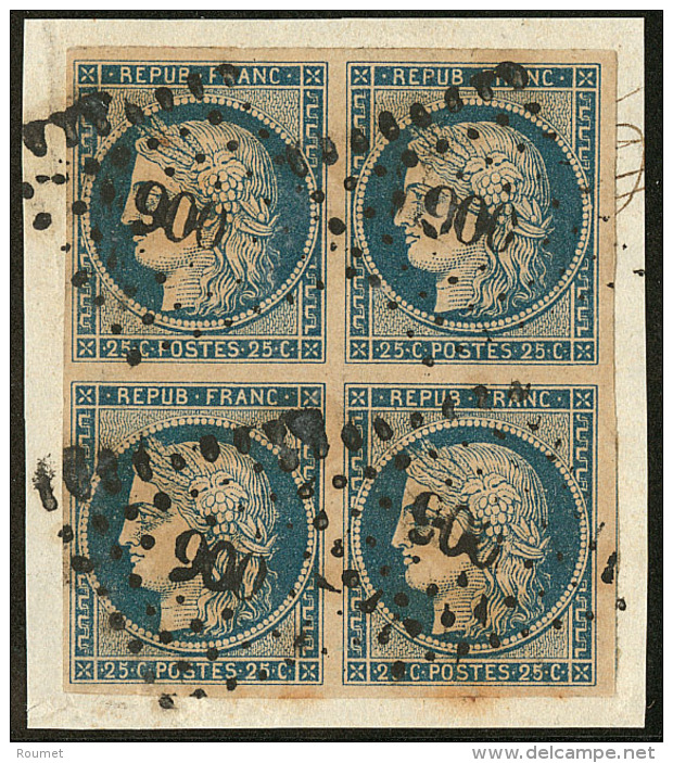 No 4d, Bleu Sur Jaune, Bloc De Quatre, Obl Pc 900, Sur Petit Fragment. - TB - 1849-1850 Cérès