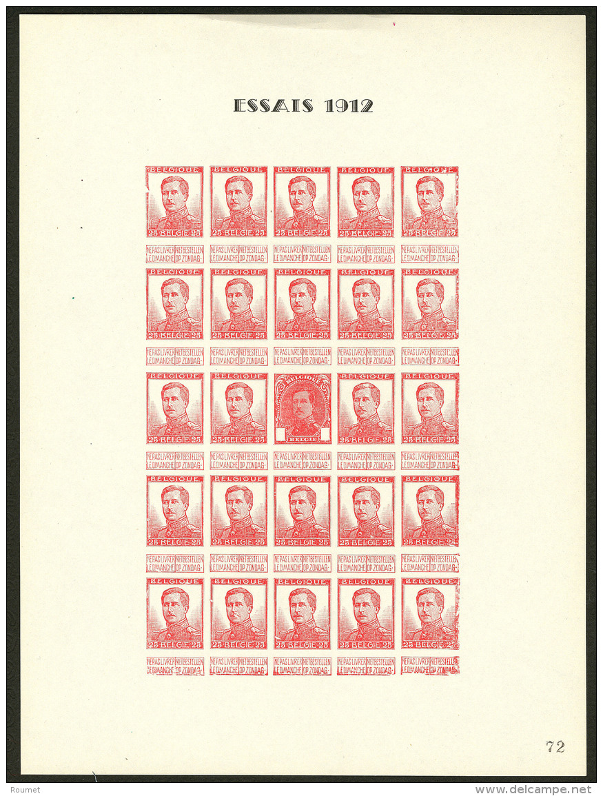 BELGIQUE. "Essai 1912". Bloc-feuillet Compos&eacute; De 24 Ex N&deg;111 25c Rouge + N&deg;135 Sans La Faciale, Au Centre - Altri & Non Classificati