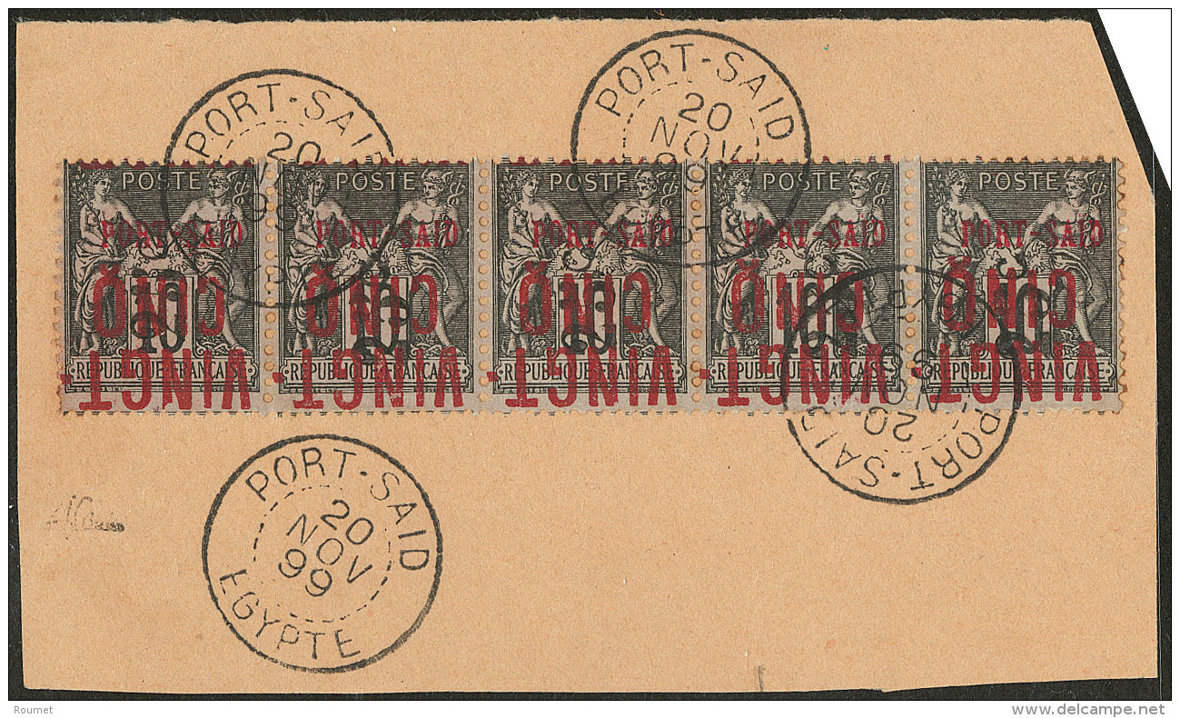 Surcharge "25c" Verticale Et "VINGT-CINQ" Renvers&eacute;e. No 19Ac, Bande De Cinq Obl Cad 20 Nov Sur Petit Fragment, Su - Other & Unclassified