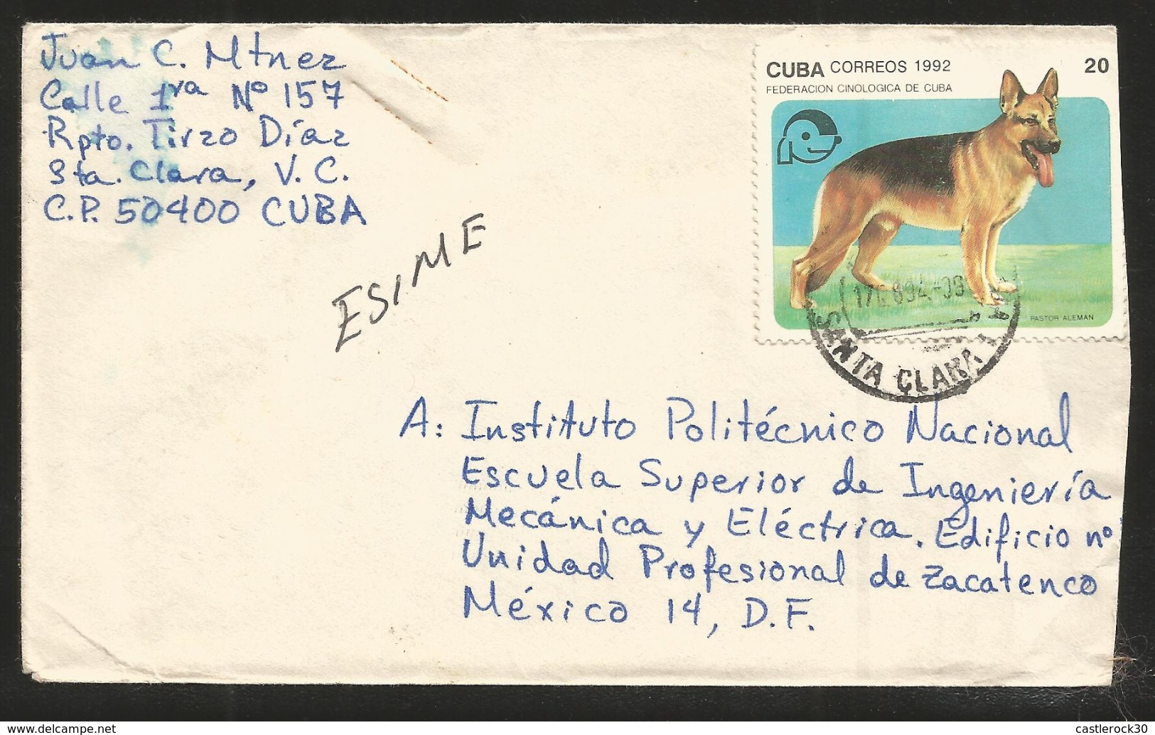 J) 1999 CUBA- CARIBE, GERMAN SHEPHERD DOG, FOR ESIME, HIGHER SCHOOL OF MECHANICAL AND ELECTRICAL, CIRCULATED COVER, FROM - Lettres & Documents