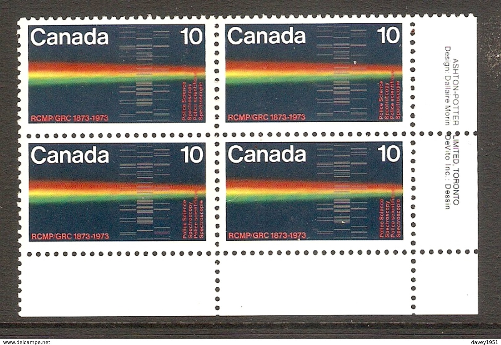 003744 Canada 1973 RCMP 10c Plate Block LR MNH - Plate Number & Inscriptions