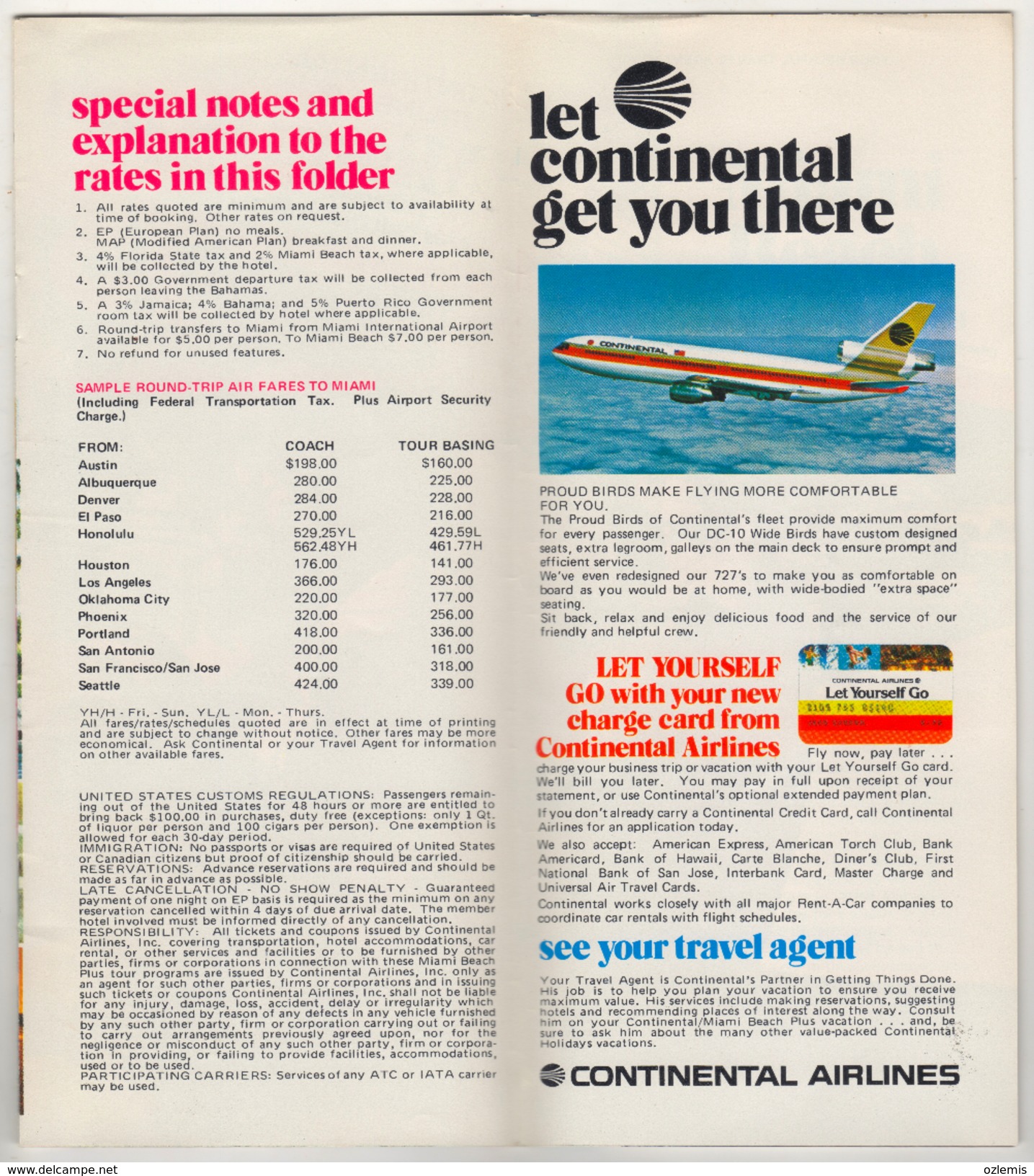 CONTINENTALL AIRLINES ,MIAMI BEACH ,THE BAHAMAS,THE CARIBBEANPLUS WALT DISNEY WORLD  BROCHURES