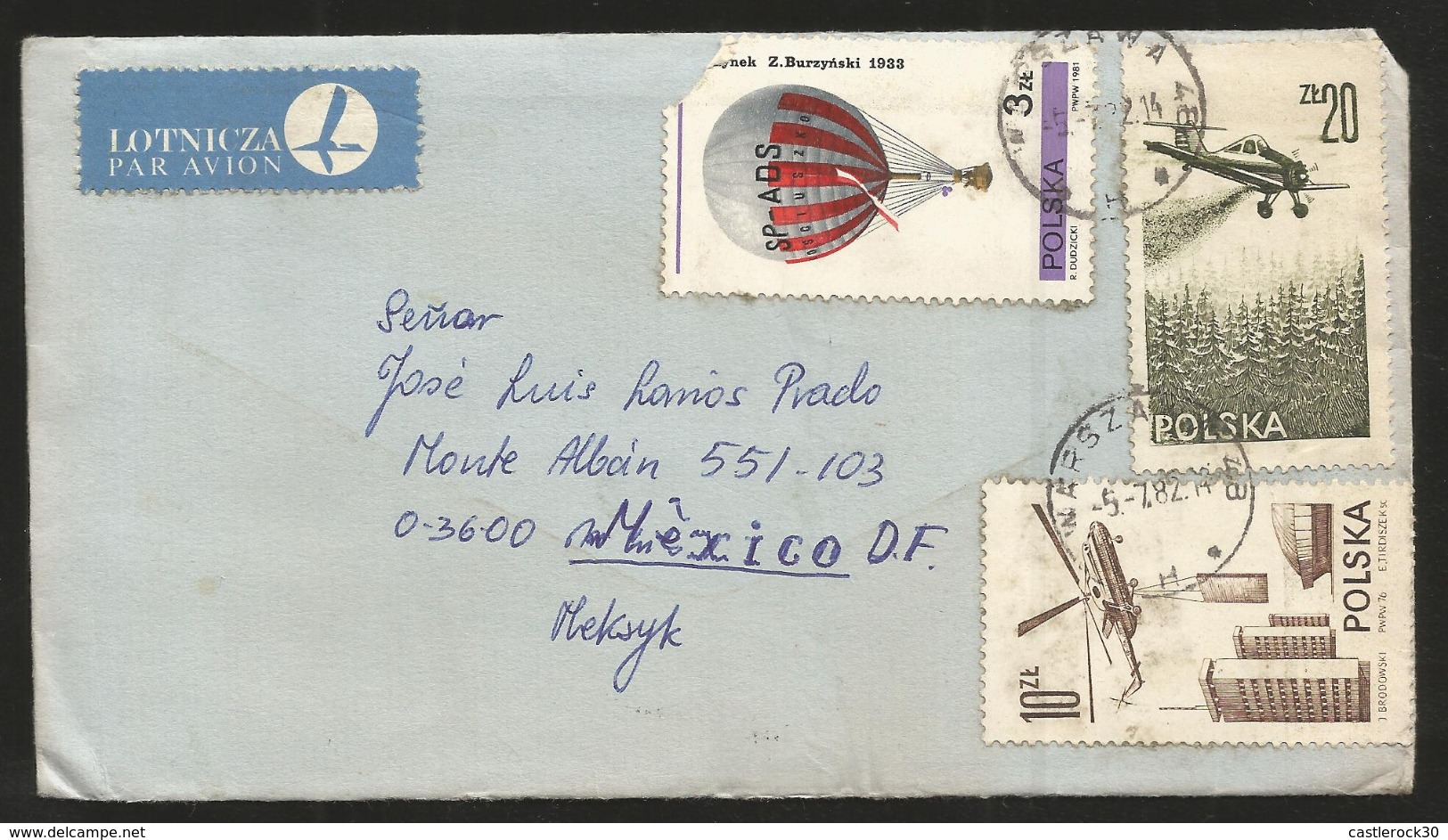 J) 1982 POLAND, AIR BALLOON AND FLYING AIRPLANES, COMPETE LETTER, AIRMAIL, CIRCULATED COVER, FROM WARSAWA TO MEXICO - Sin Clasificación