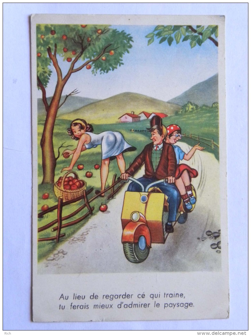 CPA Humour - Scooter Lambretta Vespa - Au Lieu De Regarder Ce Qui Traine, Tu Ferais Mieux D'admirer Le Paysage - Motorbikes