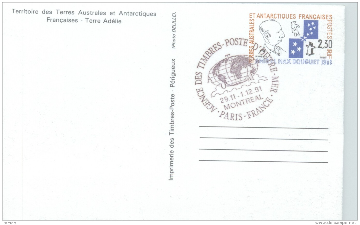 1991  Carte Postale - Amiral Max Douguet  Oblitérée Montréal, Canada - Postwaardestukken