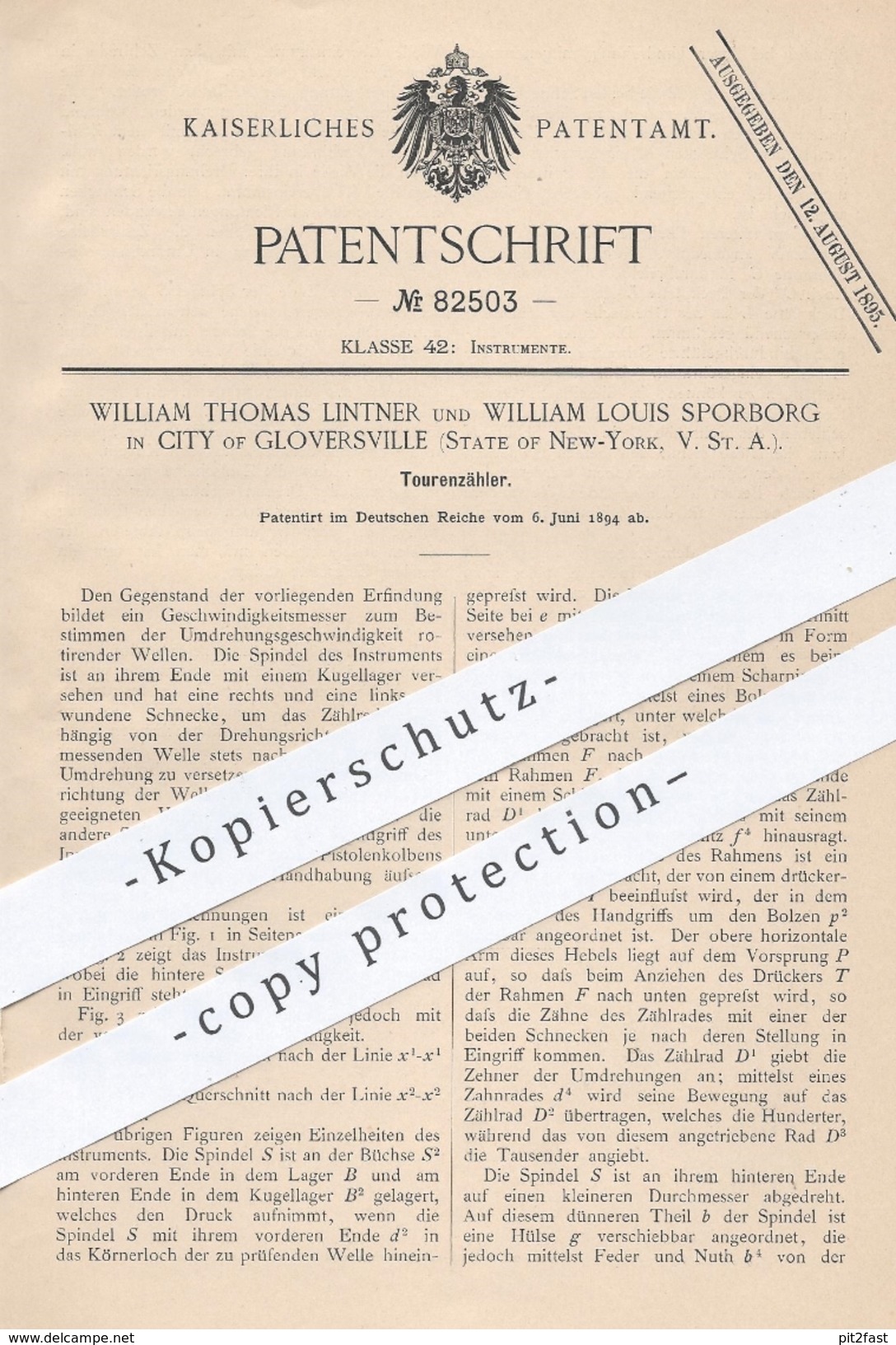 Original Patent - William Th. Lintner , William L. Sporborg , City Of Gloversville , New York USA , 1894 , Tourenzähler - Historical Documents