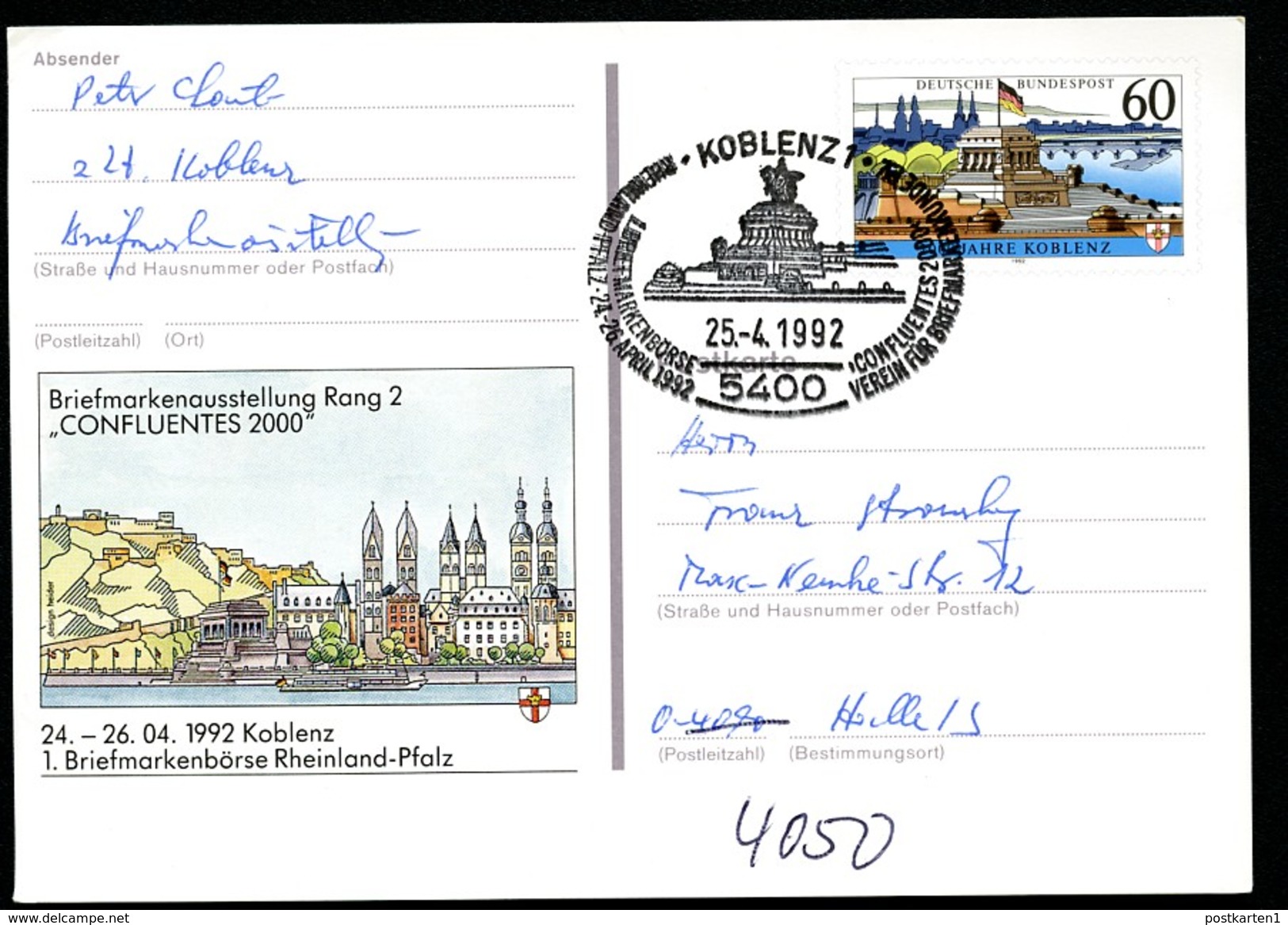 BUND PSo26 Sonderpostkarte AUSSTELLUNG KOBLENZ Sost. DEUTSCHES ECK 1992 - Denkmäler