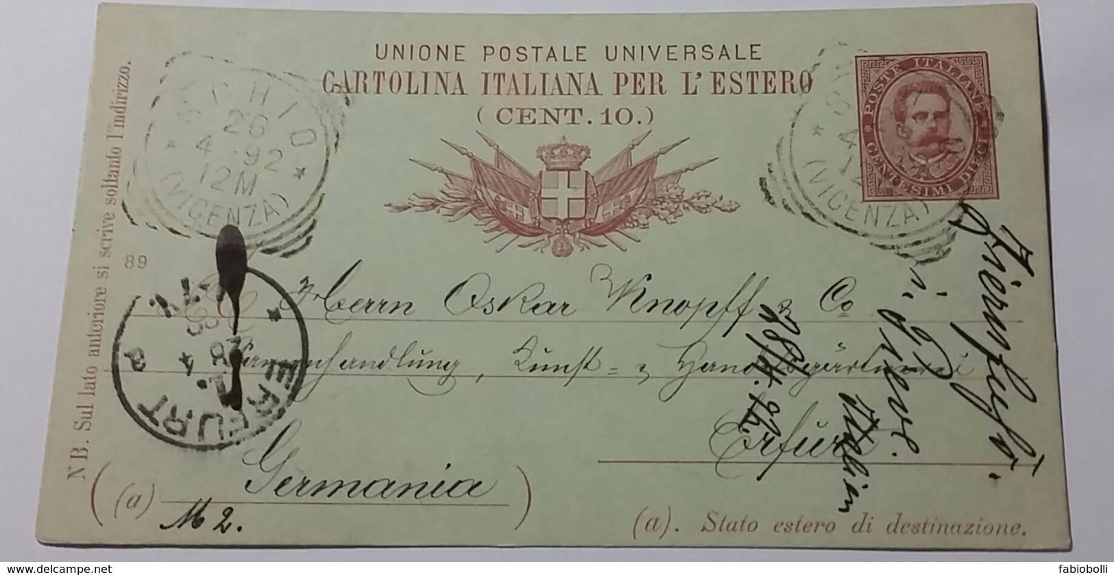 1892 INTERO POSTALE X ESTERO IMPERO TEDESCO DA SCHIO A ERFURT (218) - Interi Postali