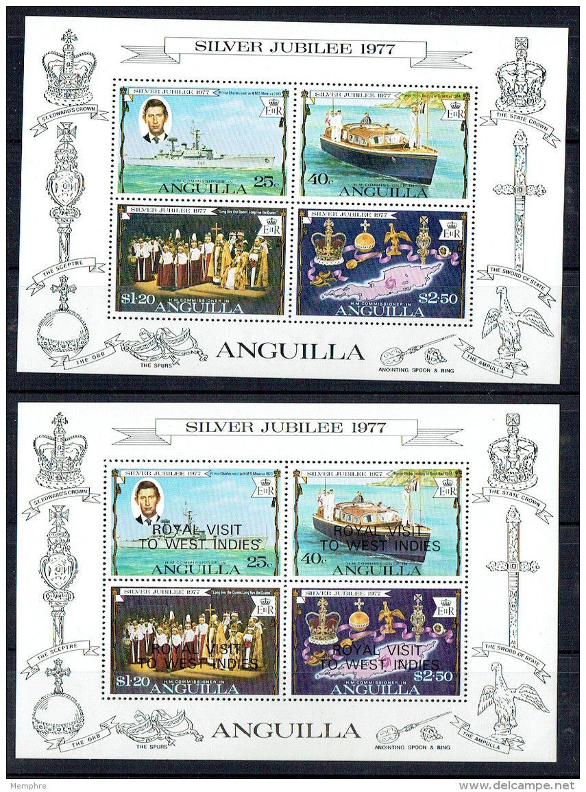 1977  Queen Elizabeth Silver Jubilee, Souvenir Sheet Of 4, Same Overprinted Royal Visit ** - Anguilla (1968-...)