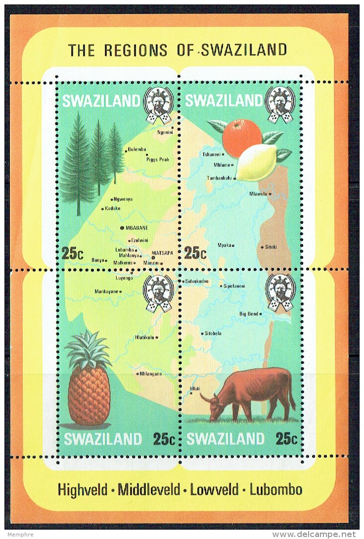 1977  Map  Of Country And Timbre, Produce, Cattle  Souvenir Sheet Of 4 Different ** - Swaziland (1968-...)