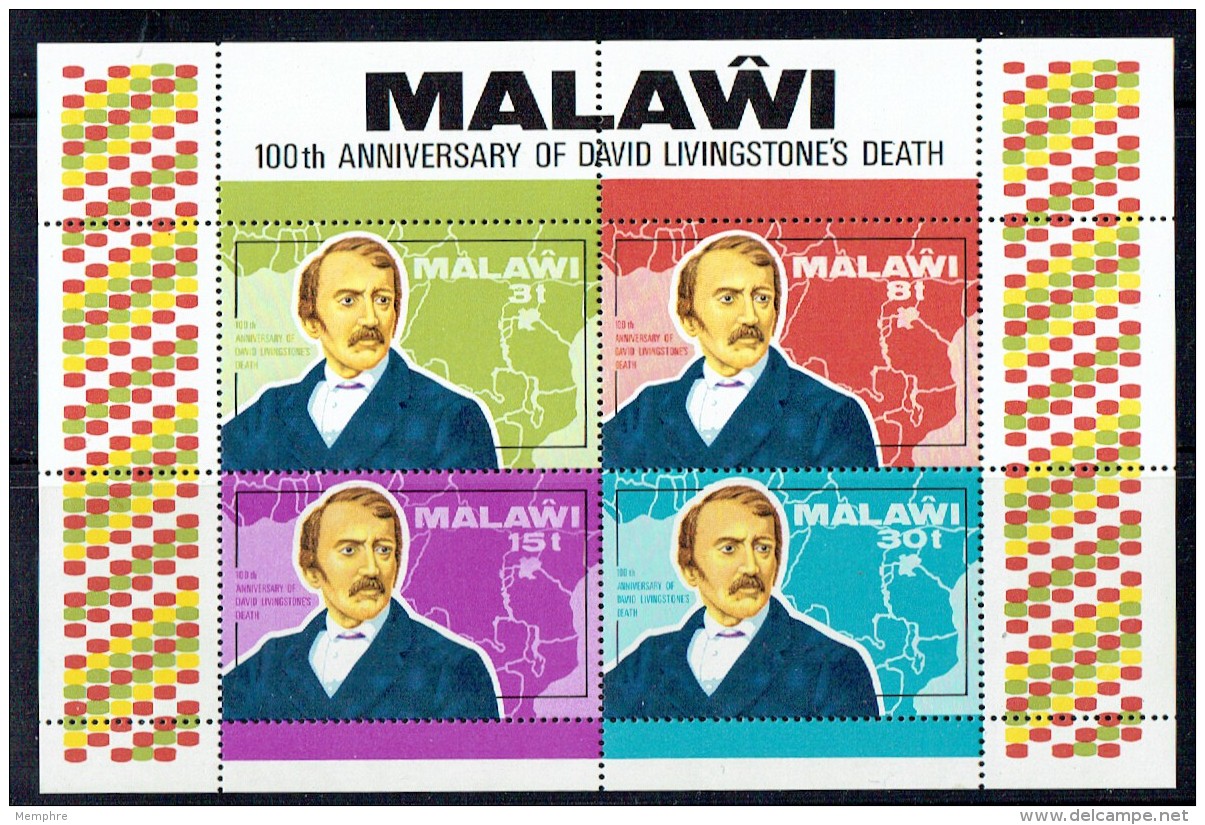 1974  100th Ann. Of Livingstone's Death  Map  Miniature Sheet Of 4 ** - Malawi (1964-...)