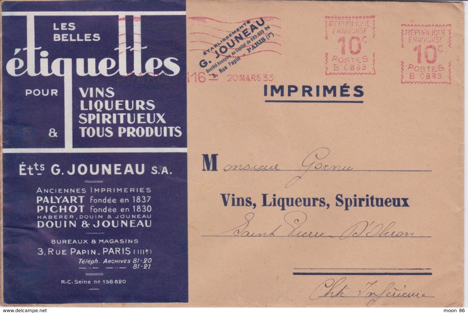 Enveloppe POUR IMPRIMÉS - LES BELLES ETIQUETTES POUR VINS LIQUEURS SPIRITUEUX  ETS JOUNEAU 1933 - Imprimerie & Papeterie