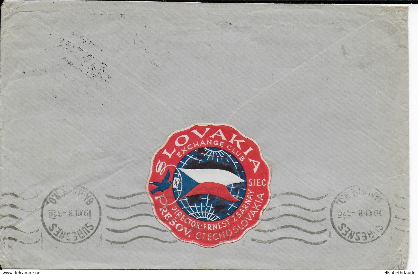 PRECURSEUR SLOVAQUIE (PERIODE TRANSITOIRE APRES AUTONOMIE) - 1938 - ENVELOPPE De PRESOV => PARIS - VIGNETTE AU DOS - Storia Postale