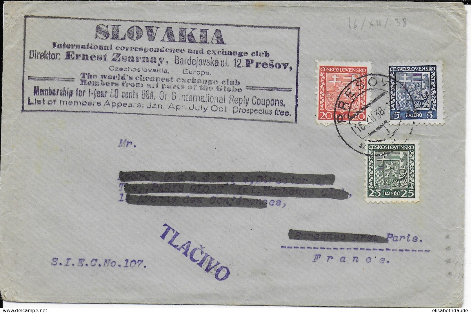 PRECURSEUR SLOVAQUIE (PERIODE TRANSITOIRE APRES AUTONOMIE) - 1938 - ENVELOPPE De PRESOV => PARIS - VIGNETTE AU DOS - Storia Postale