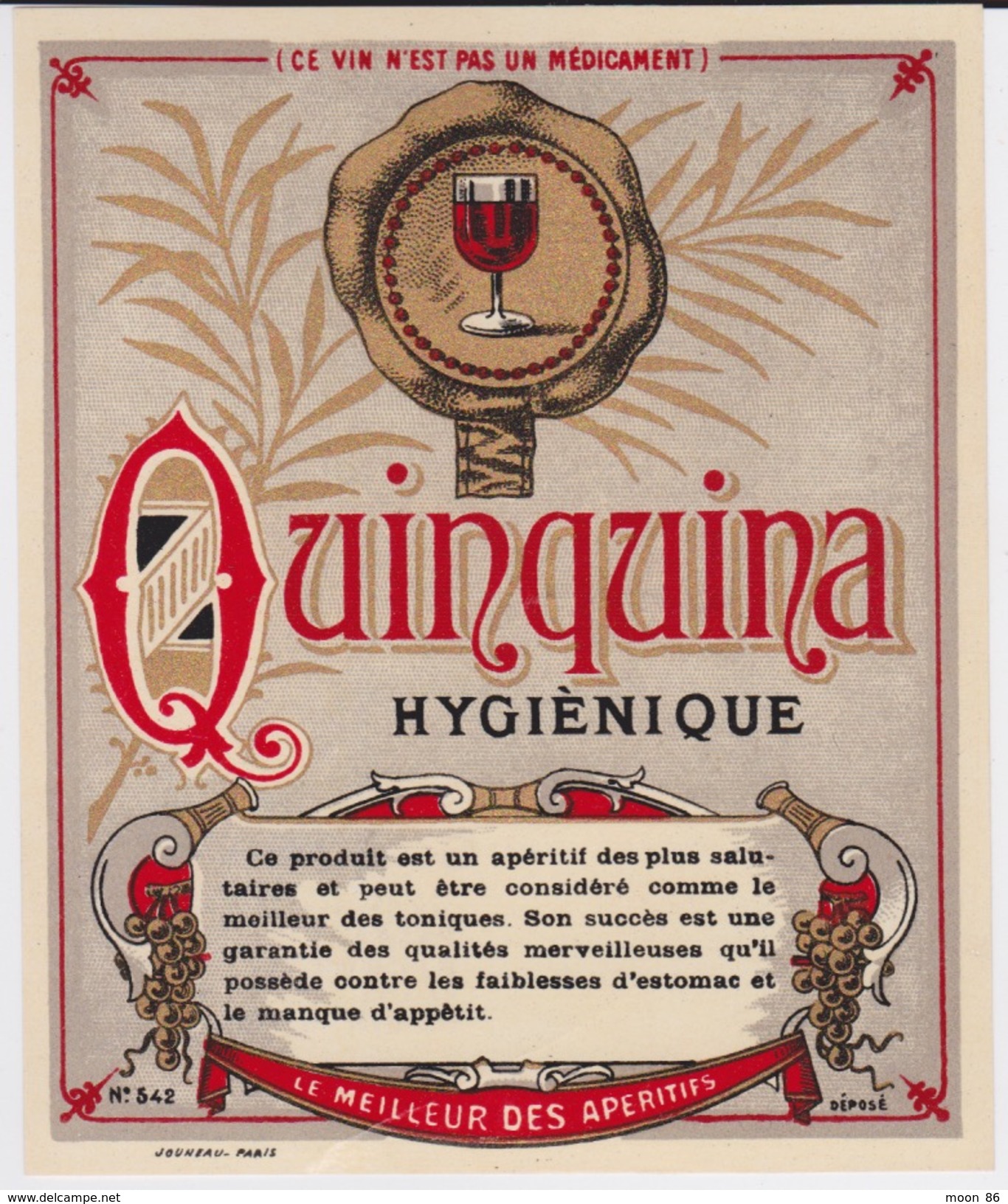 BELLES ETIQUETTES - APERITIF  QUINQUINA HYGIENIQUE  - SPECIMEN -  ETS JOUNEAU 1933 - Verzamelingen, Voorwerpen En Reeksen