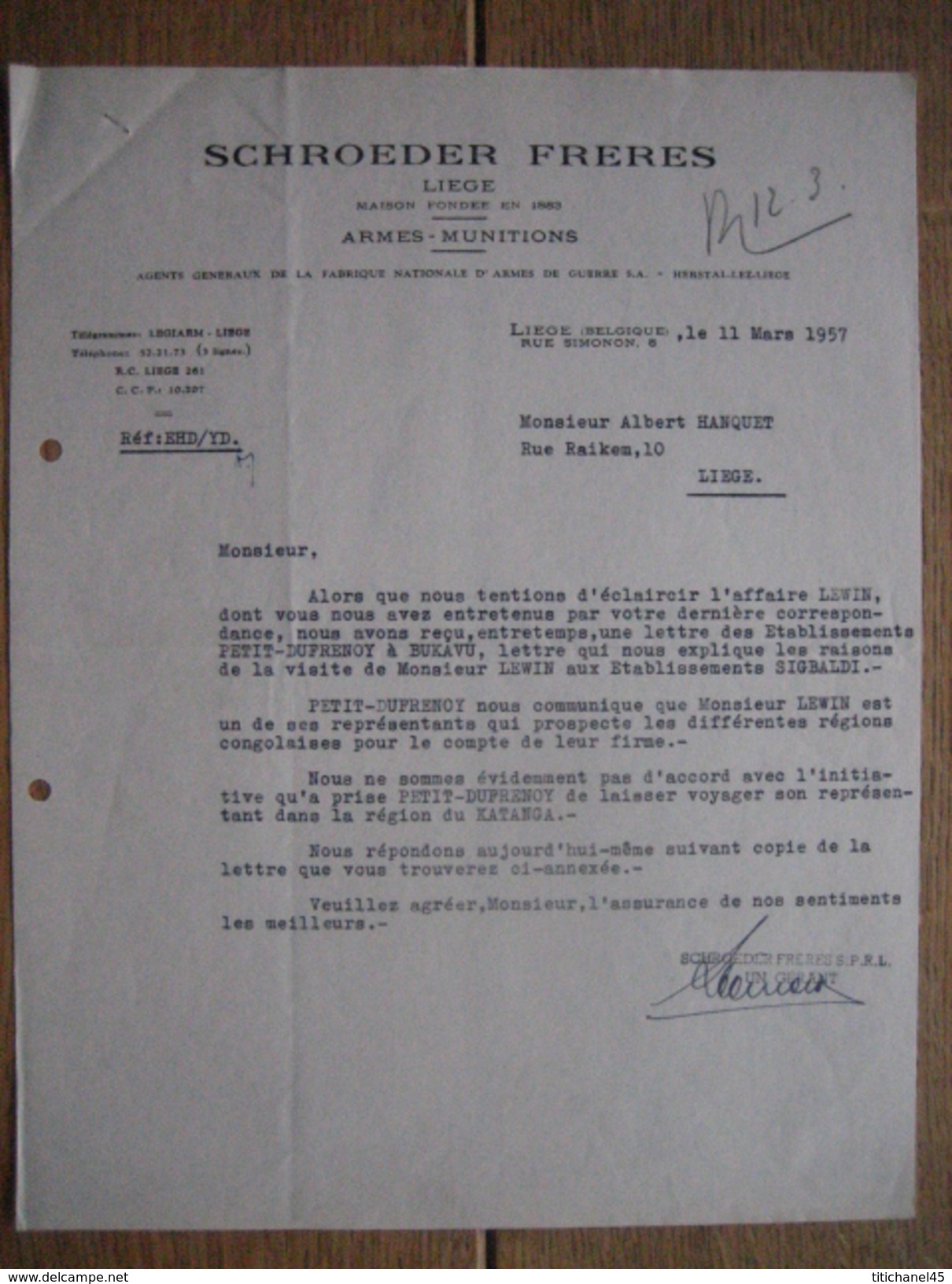 Lettre 1957 LIEGE - SCHROEDER FRERES - Armes, Munitions - Agent De La FABRIQUE NATIONALE D'ARMES DE GUERRE - Autres & Non Classés