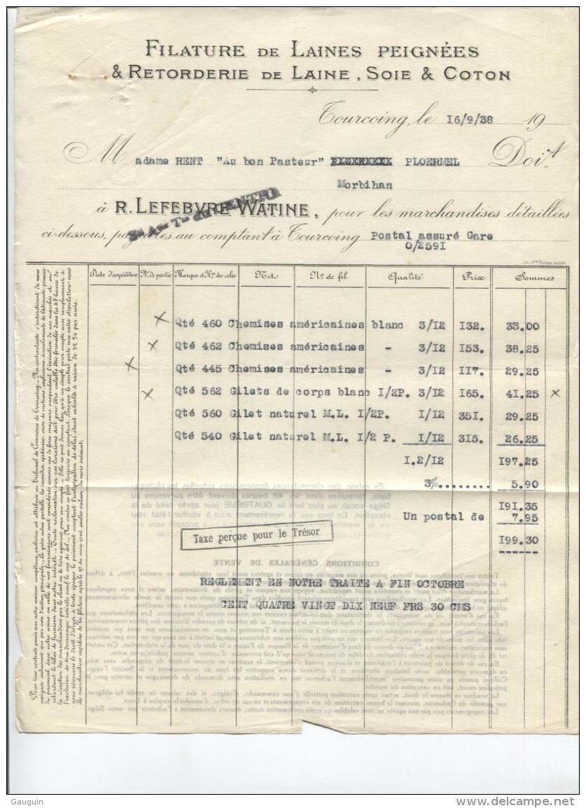 TOURCOING - FILATURE DE LAINES - Ets R.LEFEBVRE WATINE - DATE 1938 - Vestiario & Tessile