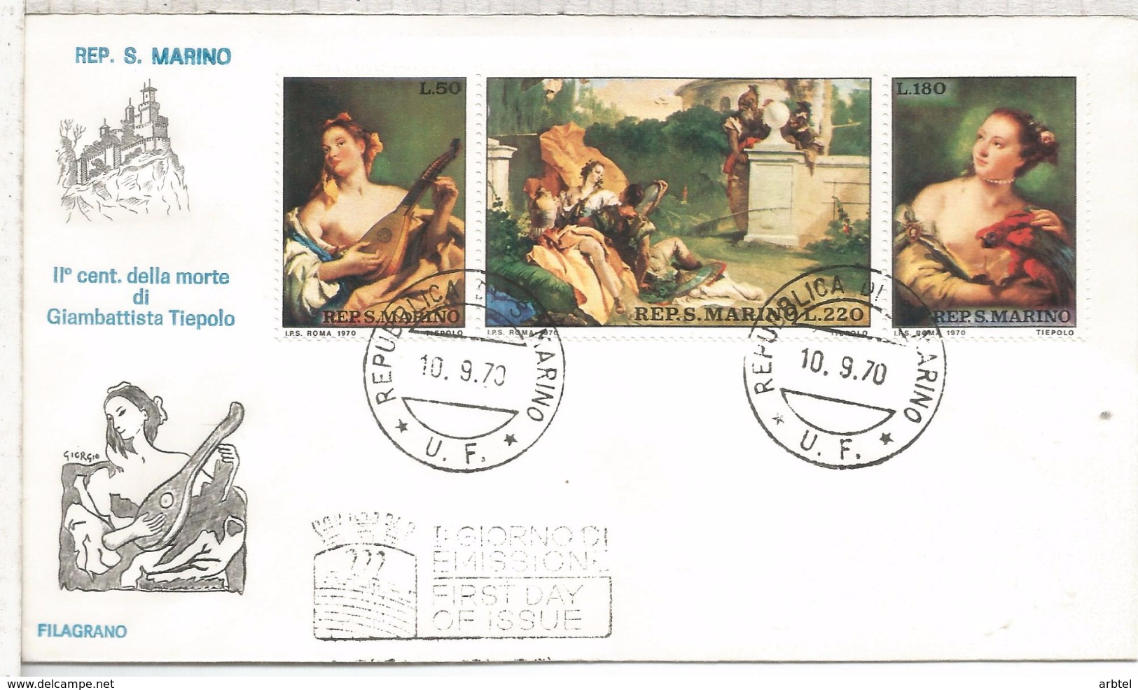 SAN MARINO FDC TIEPOLO PINTURA ARTE MUSICA - Otros & Sin Clasificación