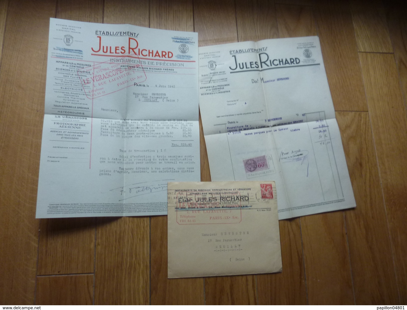 Appareil Etablissement Jules Richard Verascope  1941 Documents Commerciaux + ENVELOPPE - 1900 – 1949