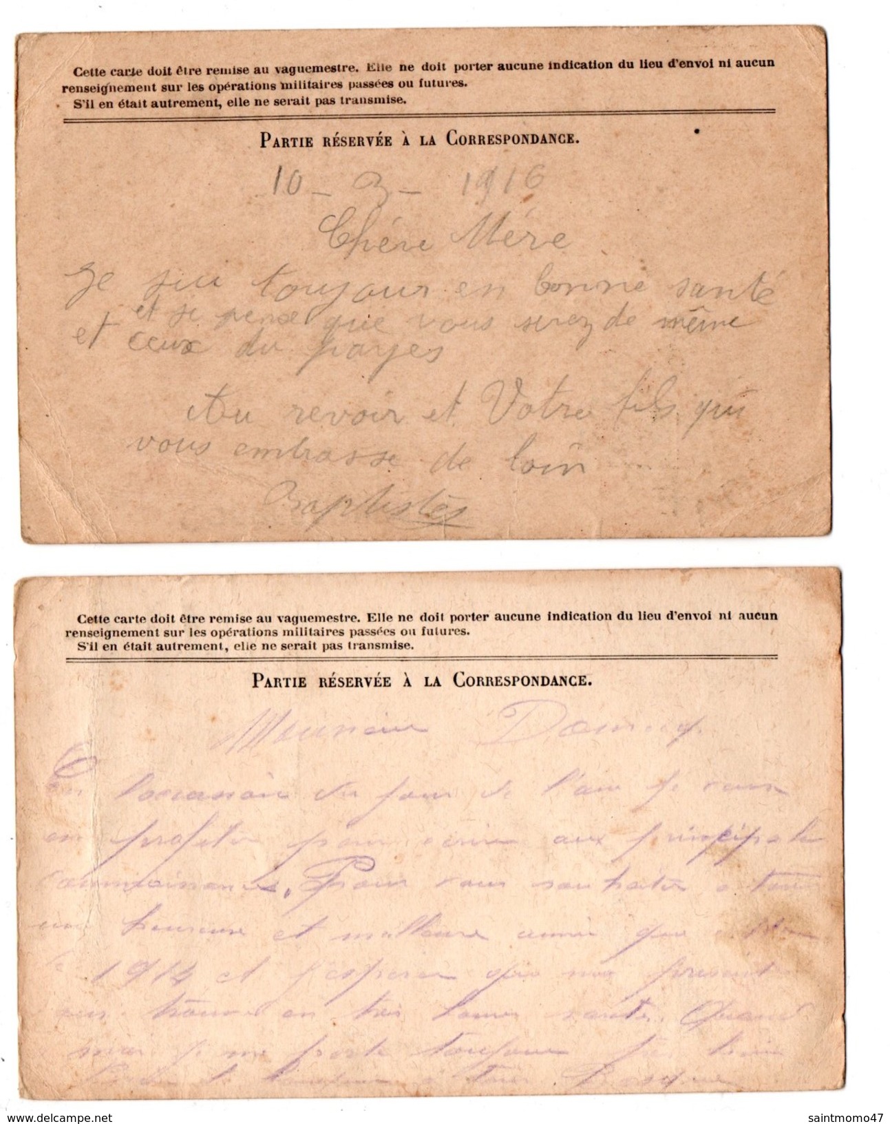 Correspondance Des Armées De La Républiques. Carte En Franchise . 2 Cartes Postales - Réf. N°2103 - - Lettres & Documents