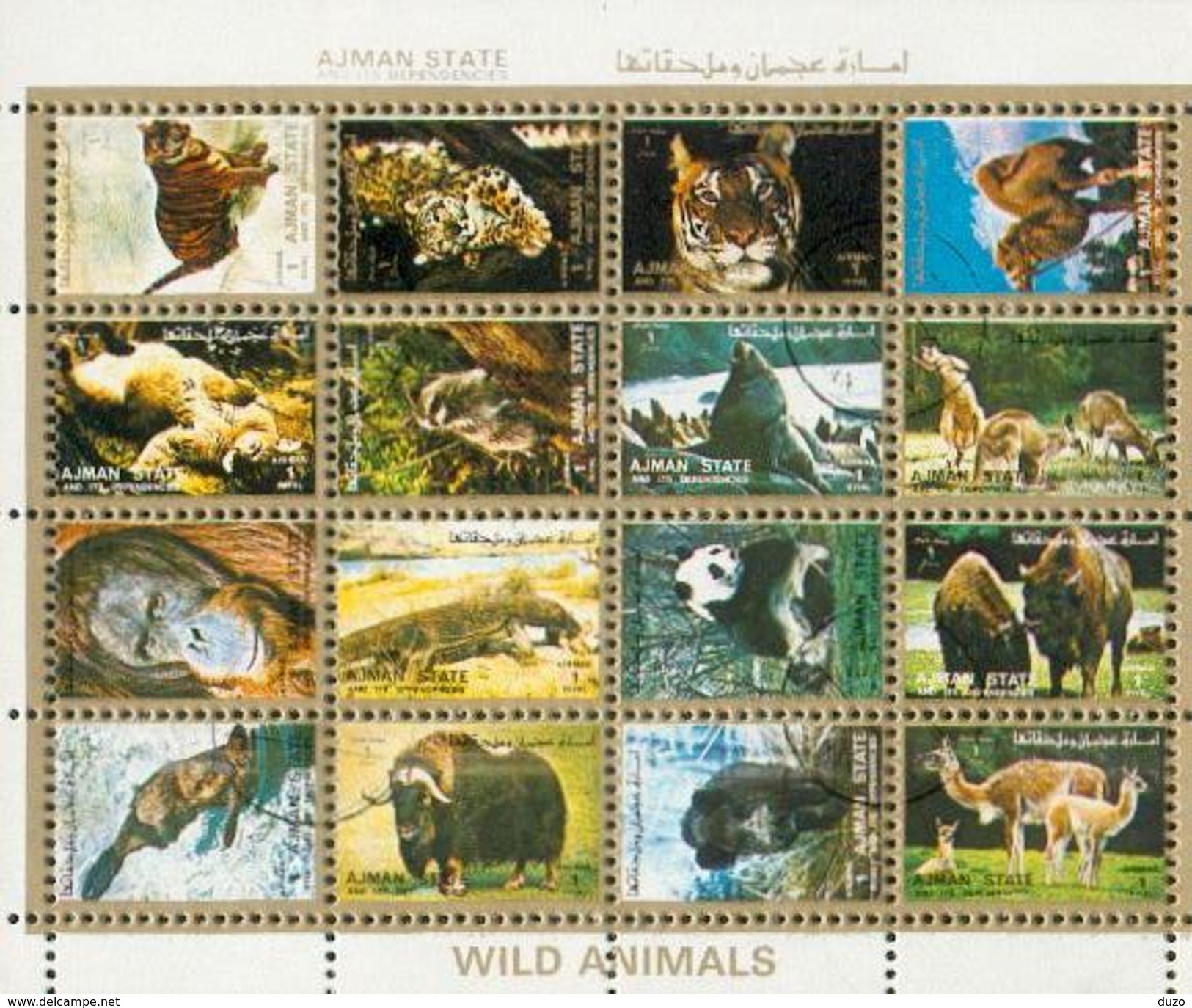 Ajman - Mini Feuillet Bloc De 16 Timbres Oblitérés  - Animaux Sauvages - Vignettes De Fantaisie