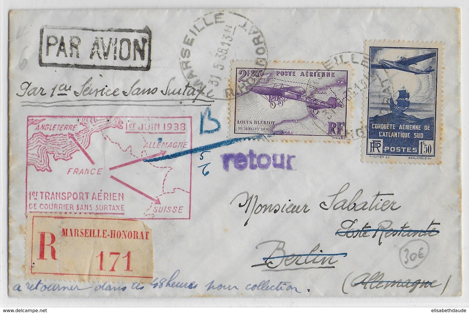 1938 - POSTE AERIENNE - ENVELOPPE Par AVION RECOMMANDEE De MARSEILLE à BERLIN - 1° TRANSPORT AERIEN SANS SURTAXE - 1927-1959 Lettres & Documents