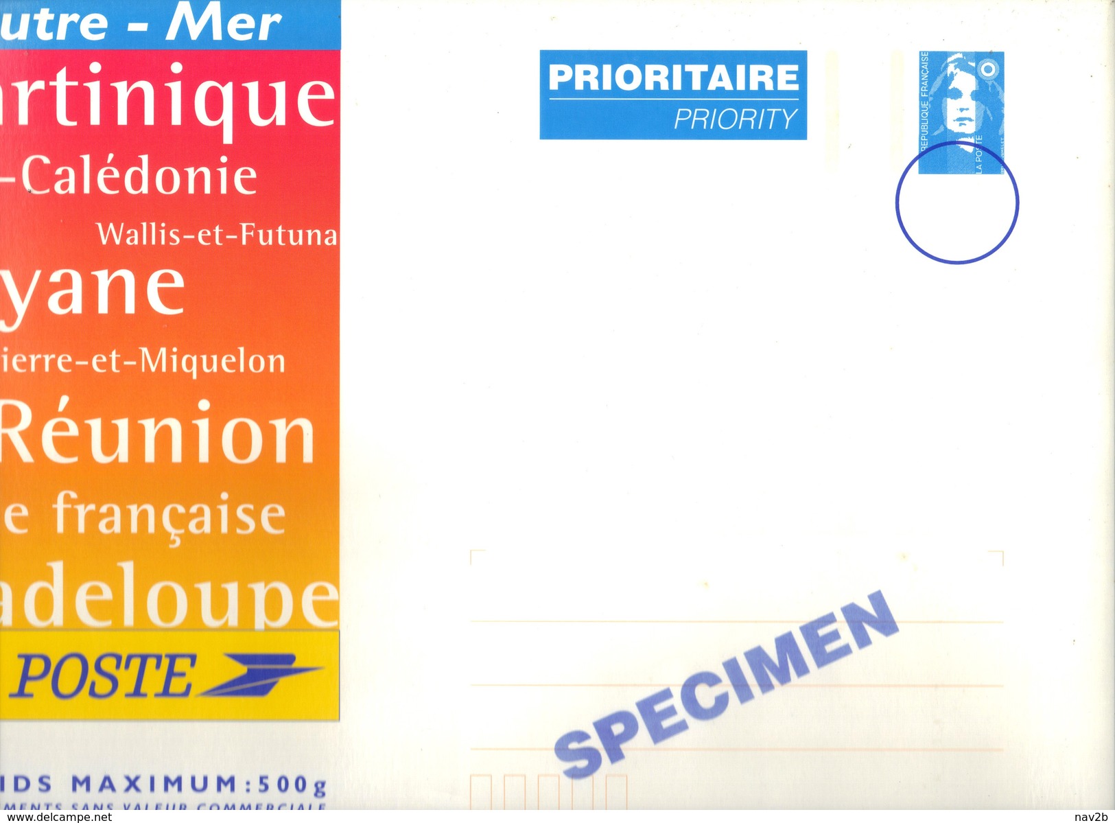 Entier .Enveloppe Cartonnée Briat 500 Grs . Outre - Mer .  SPECIMEN . - Prêts-à-poster: TSC Et Repiquages Semi-officiels